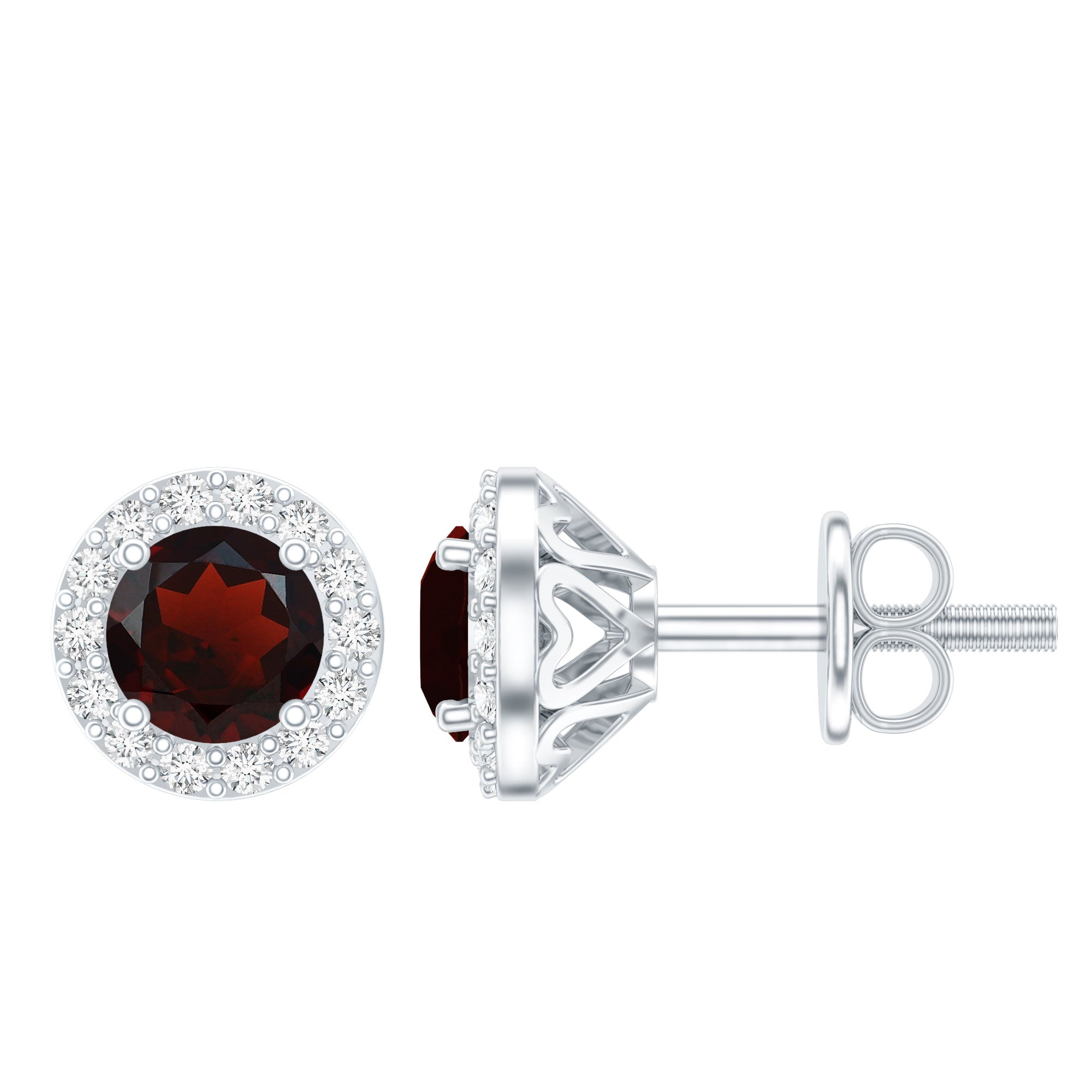Genuine Garnet Stud Earrings with Lab Grown Diamond Halo AAA 92.5 Sterling Silver - Rosec Jewels