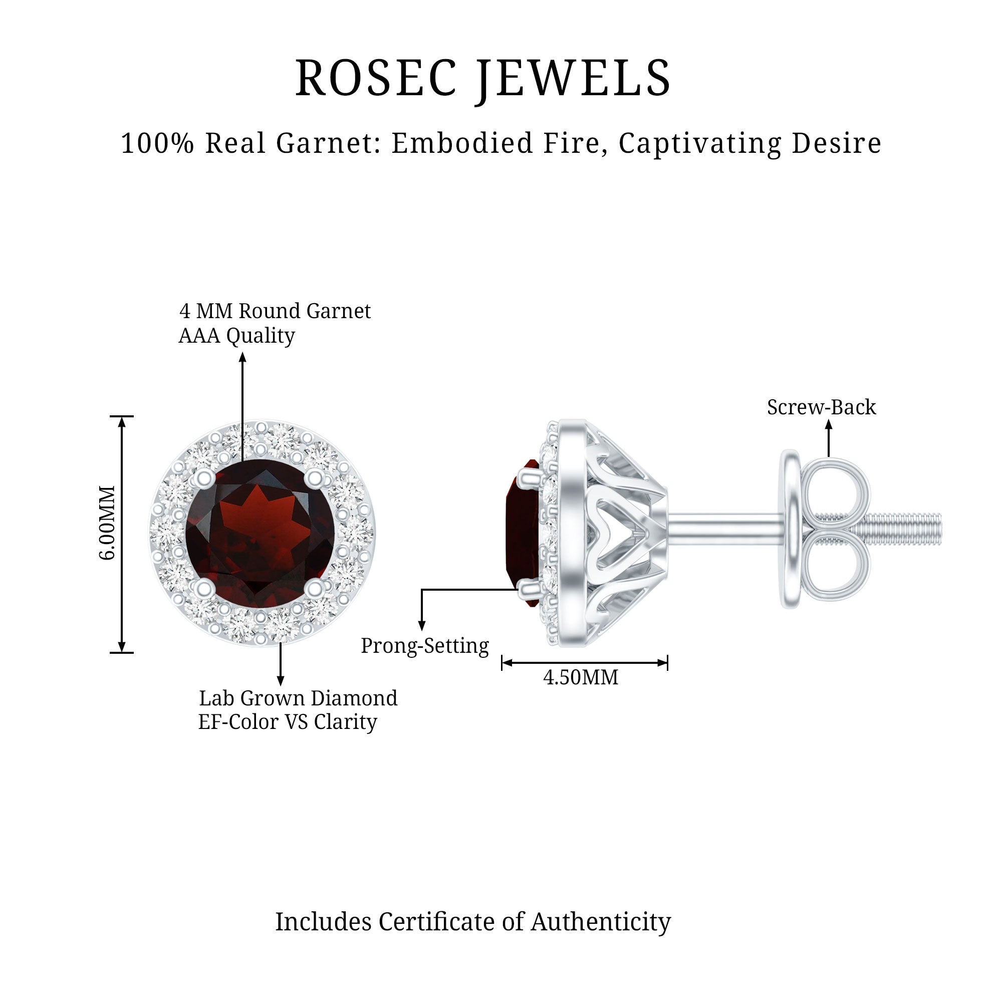 Genuine Garnet Stud Earrings with Lab Grown Diamond Halo AAA 92.5 Sterling Silver - Rosec Jewels