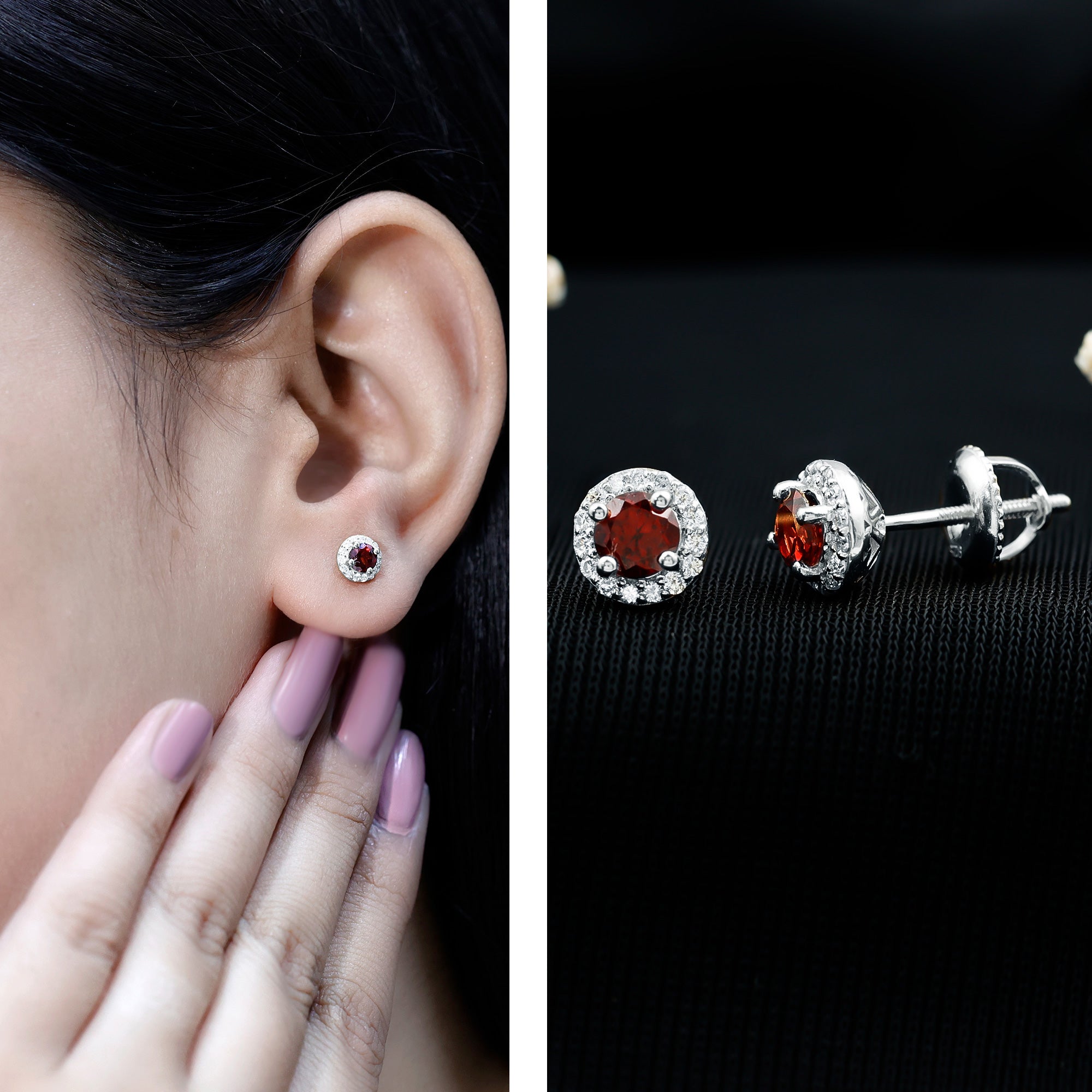 Genuine Garnet Stud Earrings with Lab Grown Diamond Halo AAA 92.5 Sterling Silver - Rosec Jewels