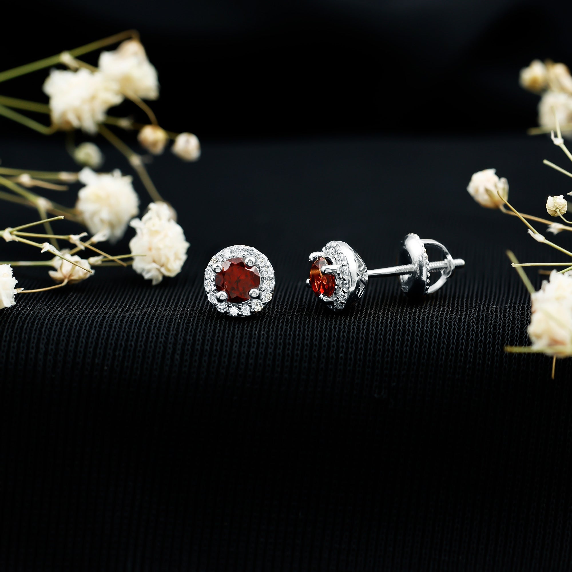 Genuine Garnet Stud Earrings with Lab Grown Diamond Halo AAA 92.5 Sterling Silver - Rosec Jewels