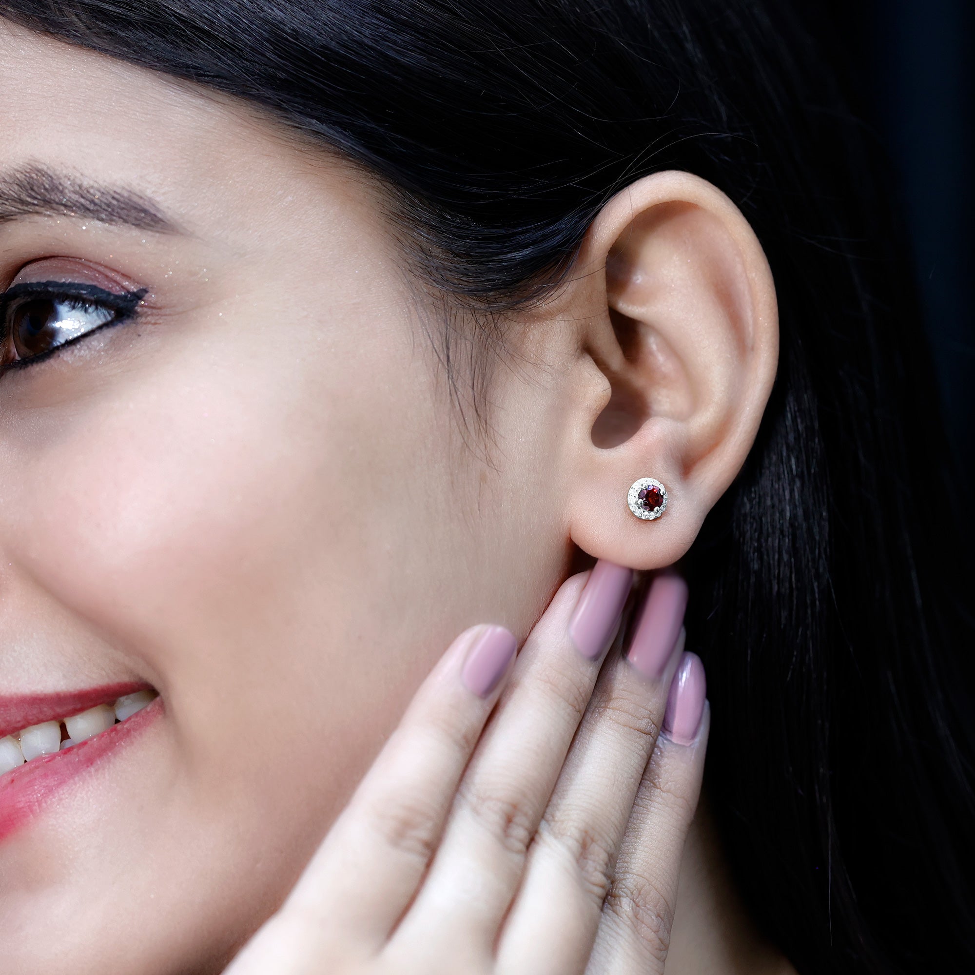 Genuine Garnet Stud Earrings with Lab Grown Diamond Halo AAA 92.5 Sterling Silver - Rosec Jewels