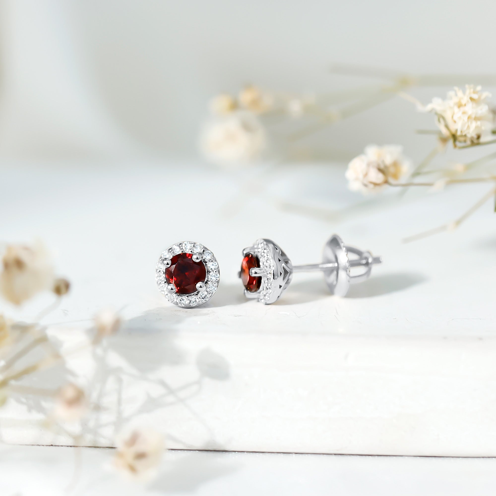 Genuine Garnet Stud Earrings with Lab Grown Diamond Halo AAA 92.5 Sterling Silver - Rosec Jewels