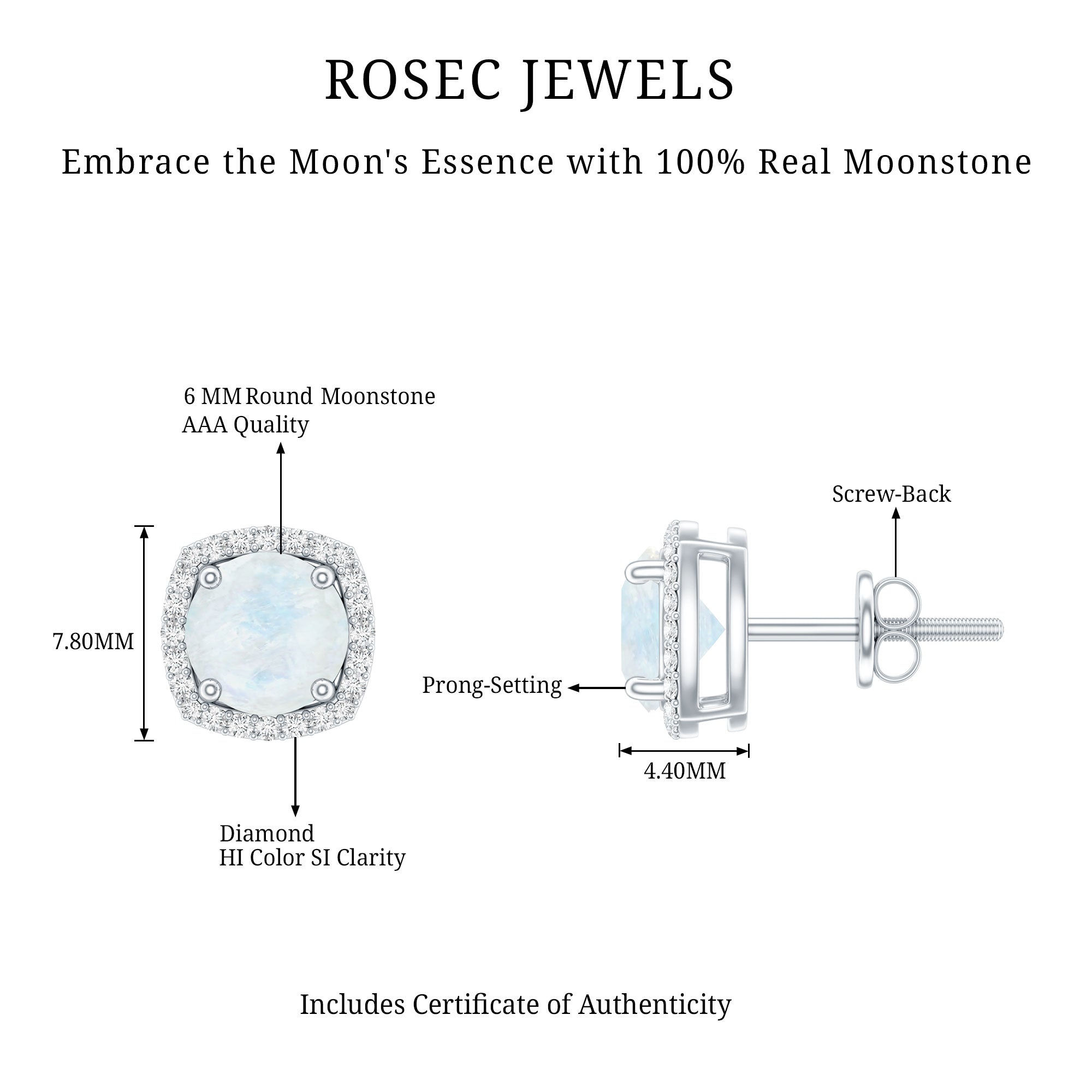 Natural 0.7 Carat Moonstone Stud Earrings with Diamond Halo AAA - Rosec Jewels