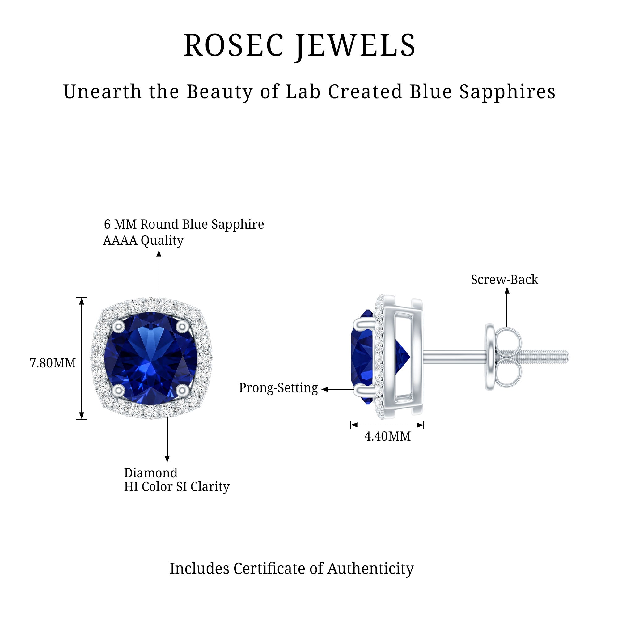 Certified Lab Grown Blue Sapphire and Diamond Halo Stud Earrings AAAA - Rosec Jewels