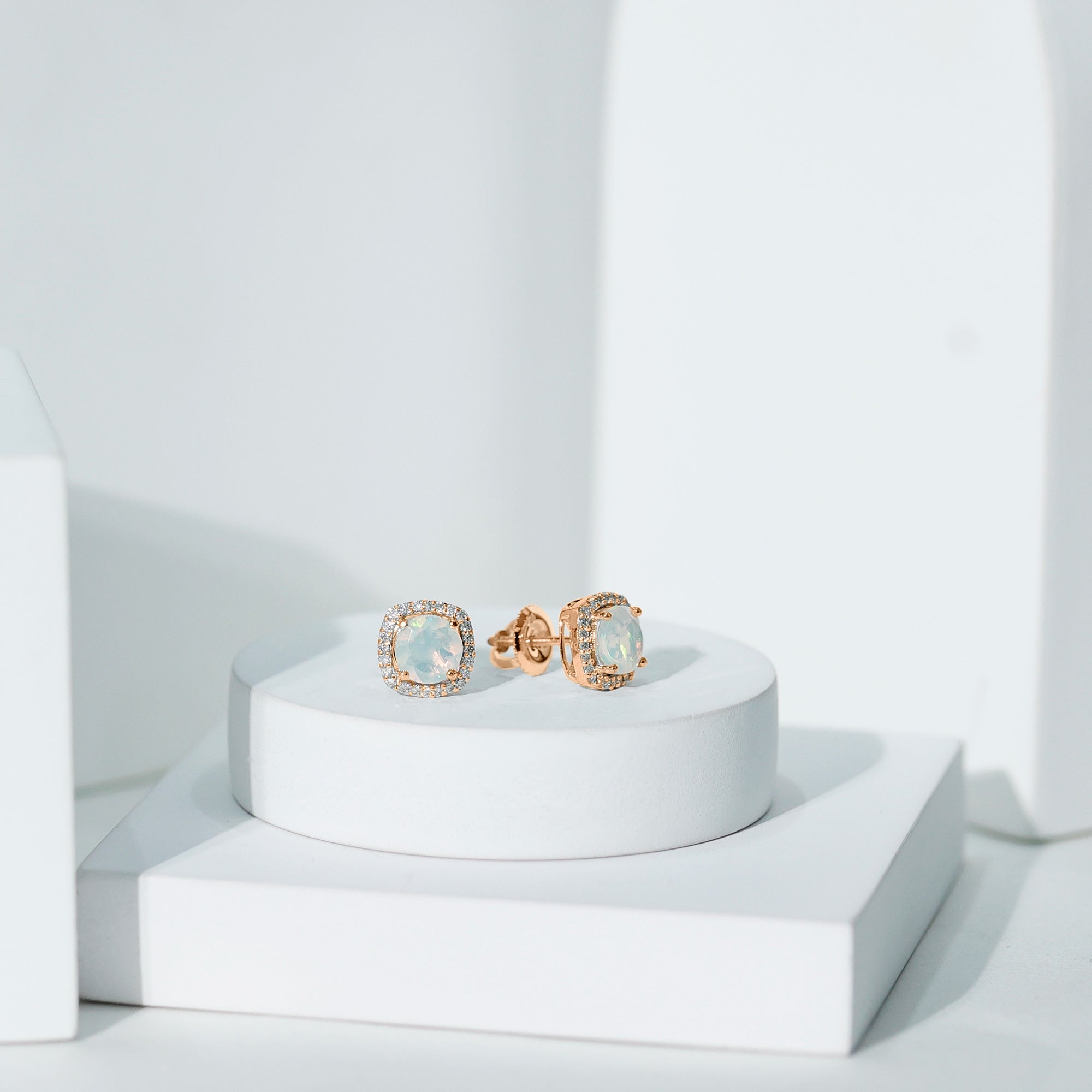 Real 1.6 Carat Ethiopian Opal and Diamond Halo Stud Earrings AAA - Rosec Jewels