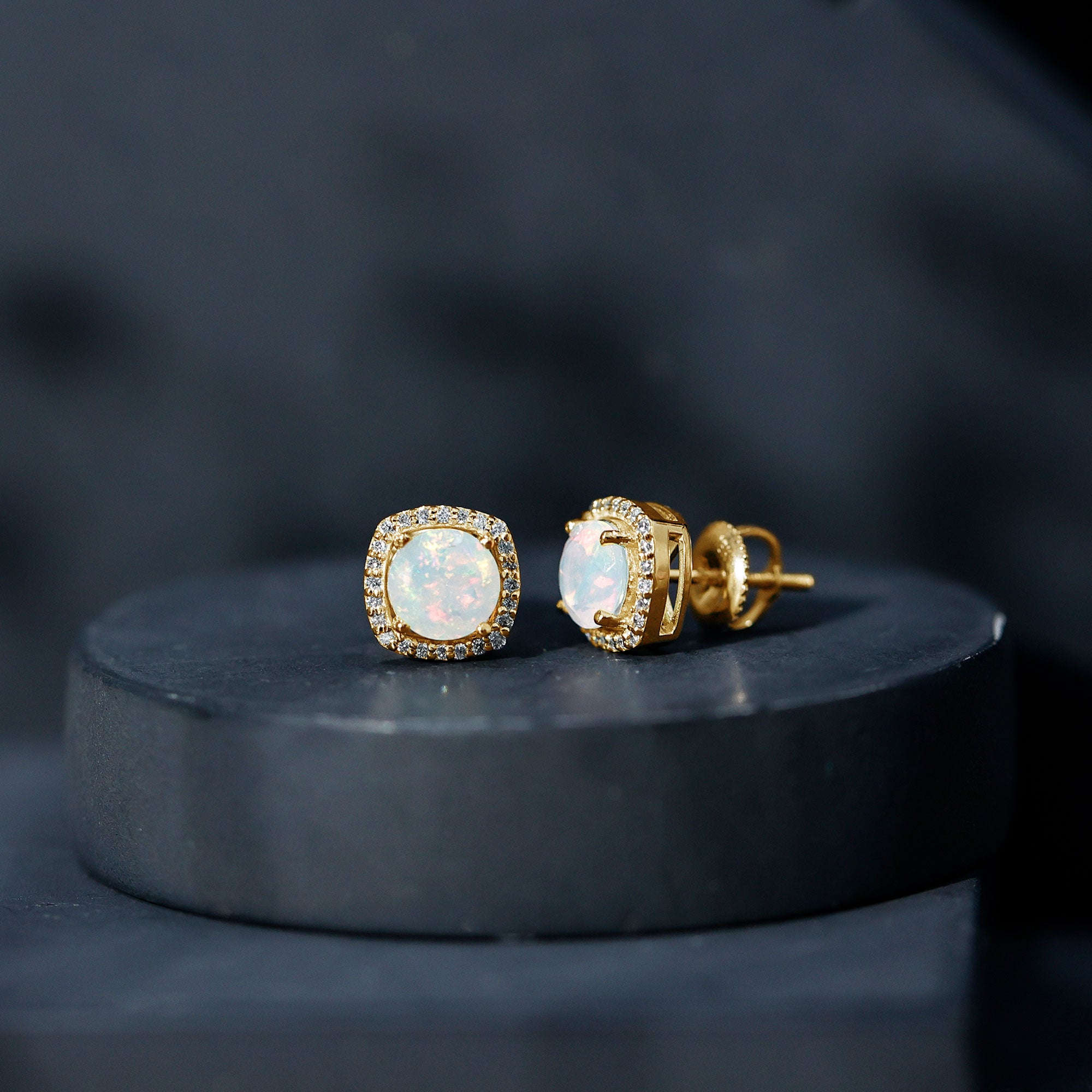 Real 1.6 Carat Ethiopian Opal and Diamond Halo Stud Earrings AAA - Rosec Jewels