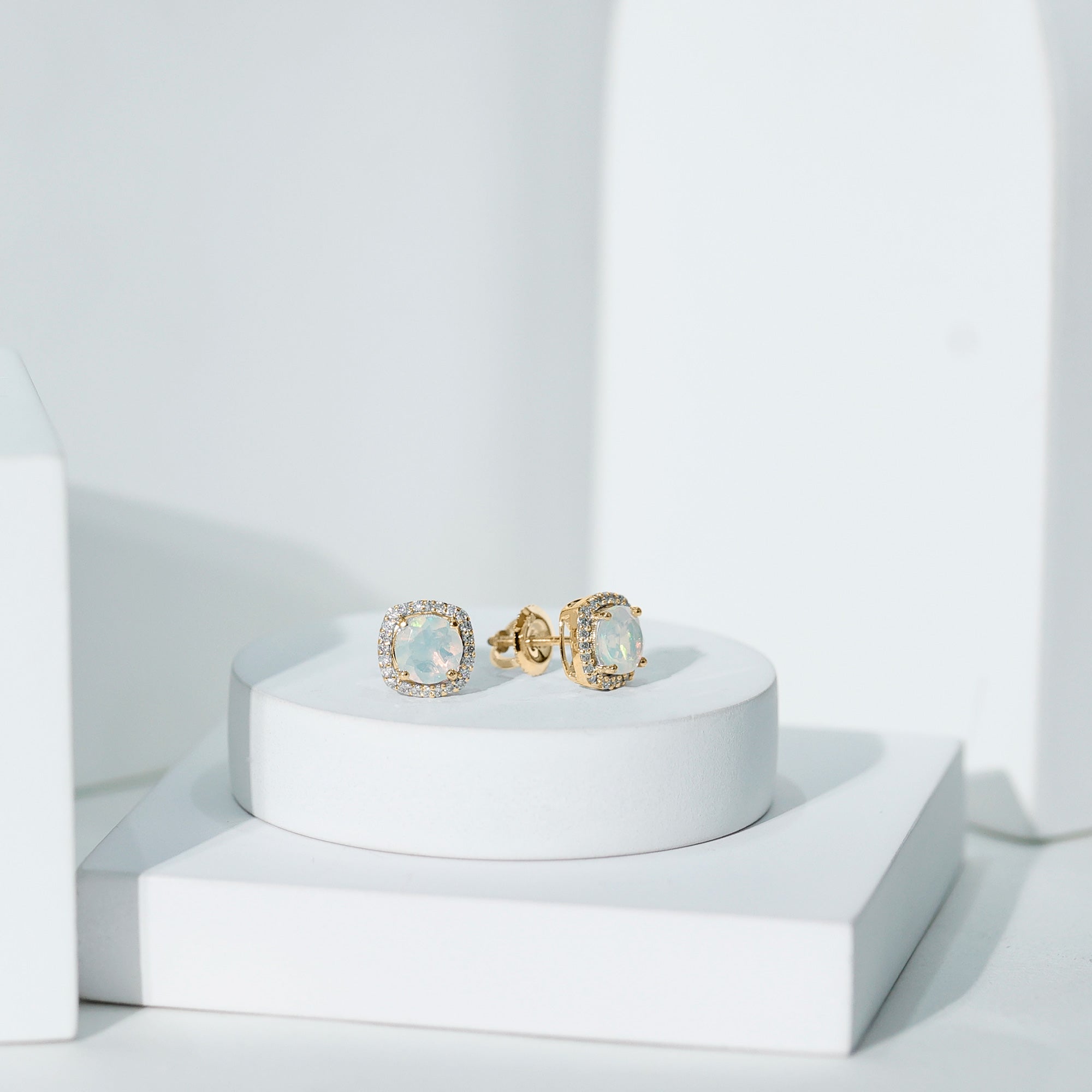 Real 1.6 Carat Ethiopian Opal and Diamond Halo Stud Earrings AAA - Rosec Jewels