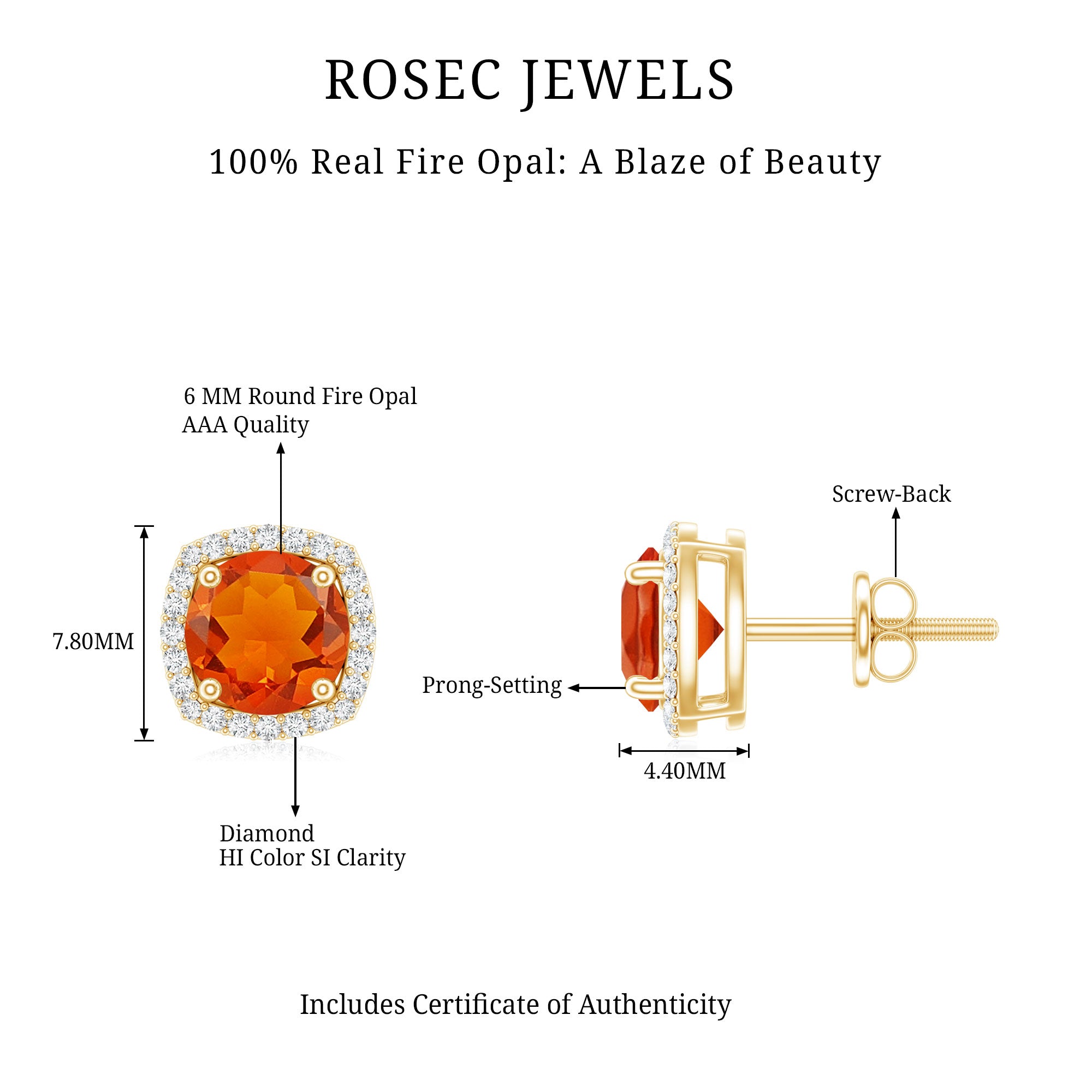 1.5 CT Round Fire Opal and Diamond Halo Stud Earrings AAA - Rosec Jewels