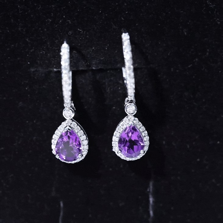 2 Carat Pear Cut Amethyst Hoop Drop Earrings with Diamond Halo AAA - Rosec Jewels