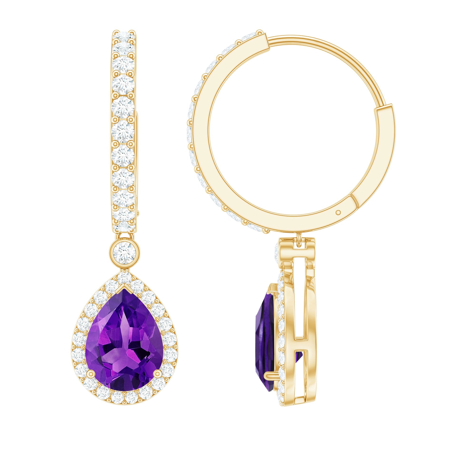 2 Carat Pear Cut Amethyst Hoop Drop Earrings with Diamond Halo AAA - Rosec Jewels