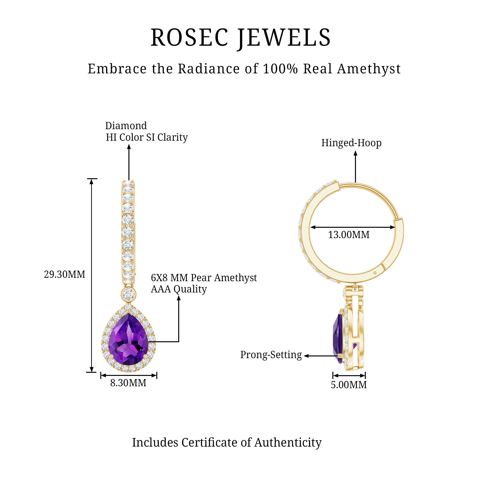2 Carat Pear Cut Amethyst Hoop Drop Earrings with Diamond Halo AAA - Rosec Jewels