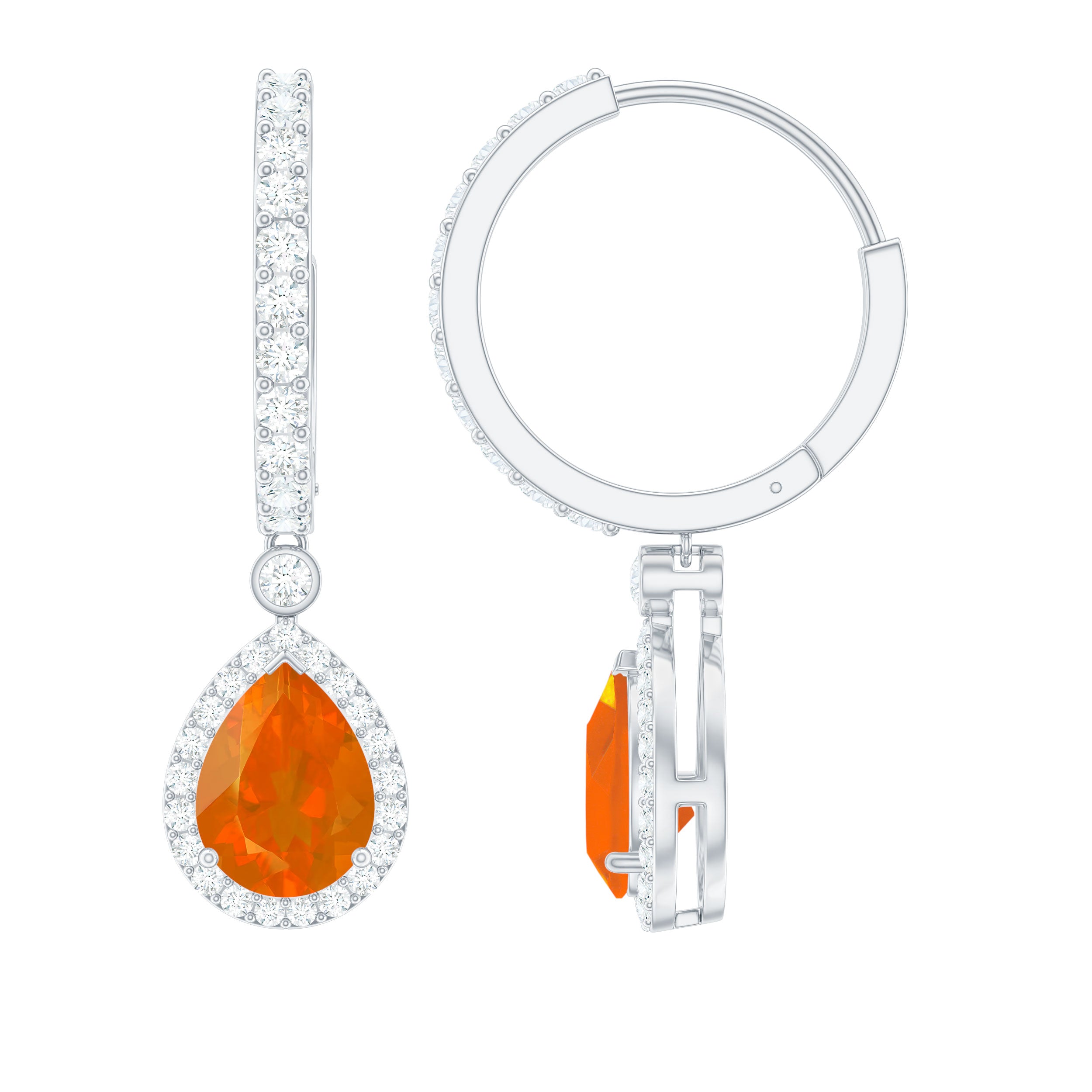 Pear Cut Fire Opal Hoop Drop Earrings with Moissanite Halo