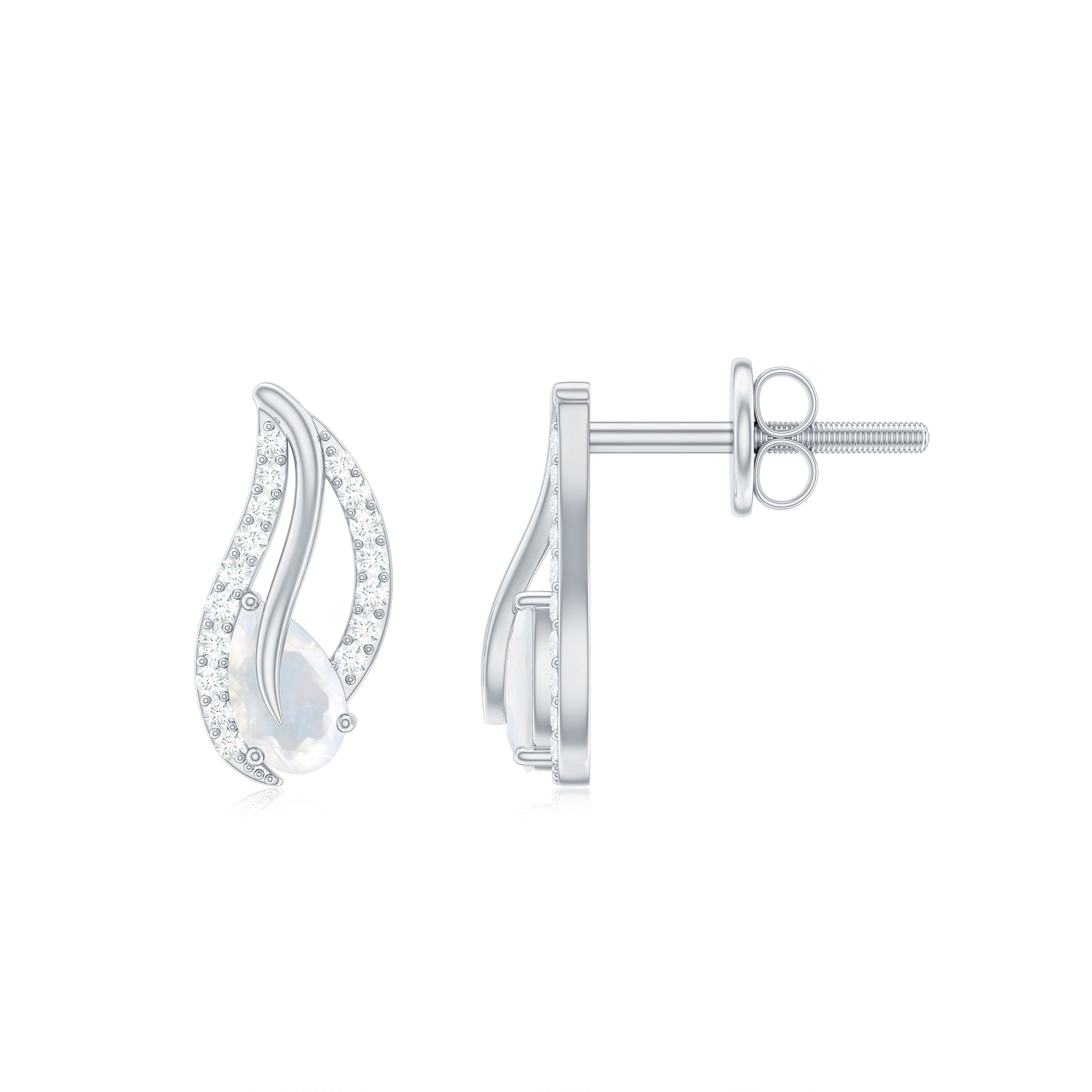 Pear Shape Moonstone and Diamond Leaf Stud Earrings