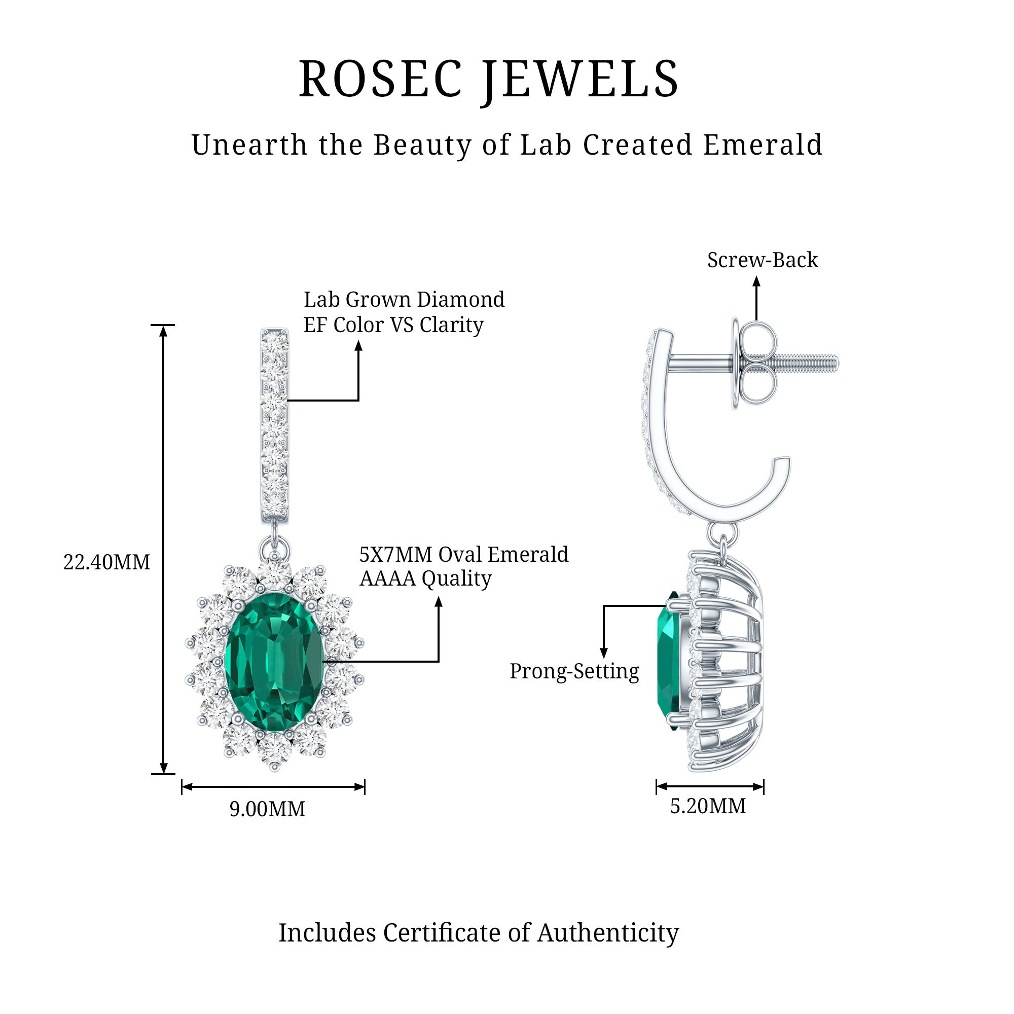 1.7 Carat Oval Shape Lab Grown Emerald Drop Earrings with Diamond AAAA - Rosec Jewels