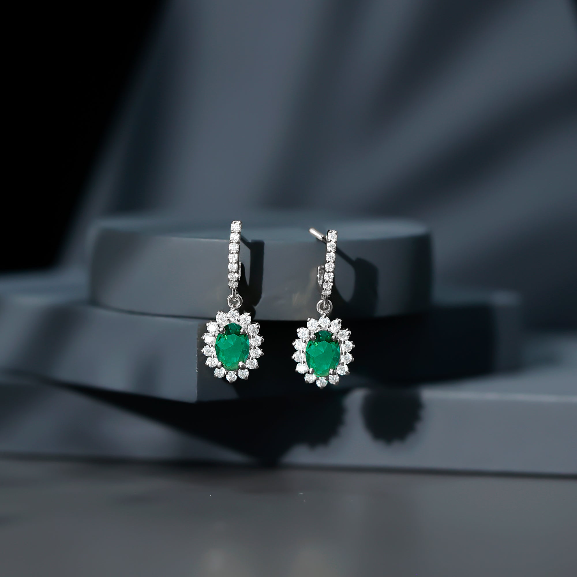 1.7 Carat Oval Shape Lab Grown Emerald Drop Earrings with Diamond AAAA - Rosec Jewels