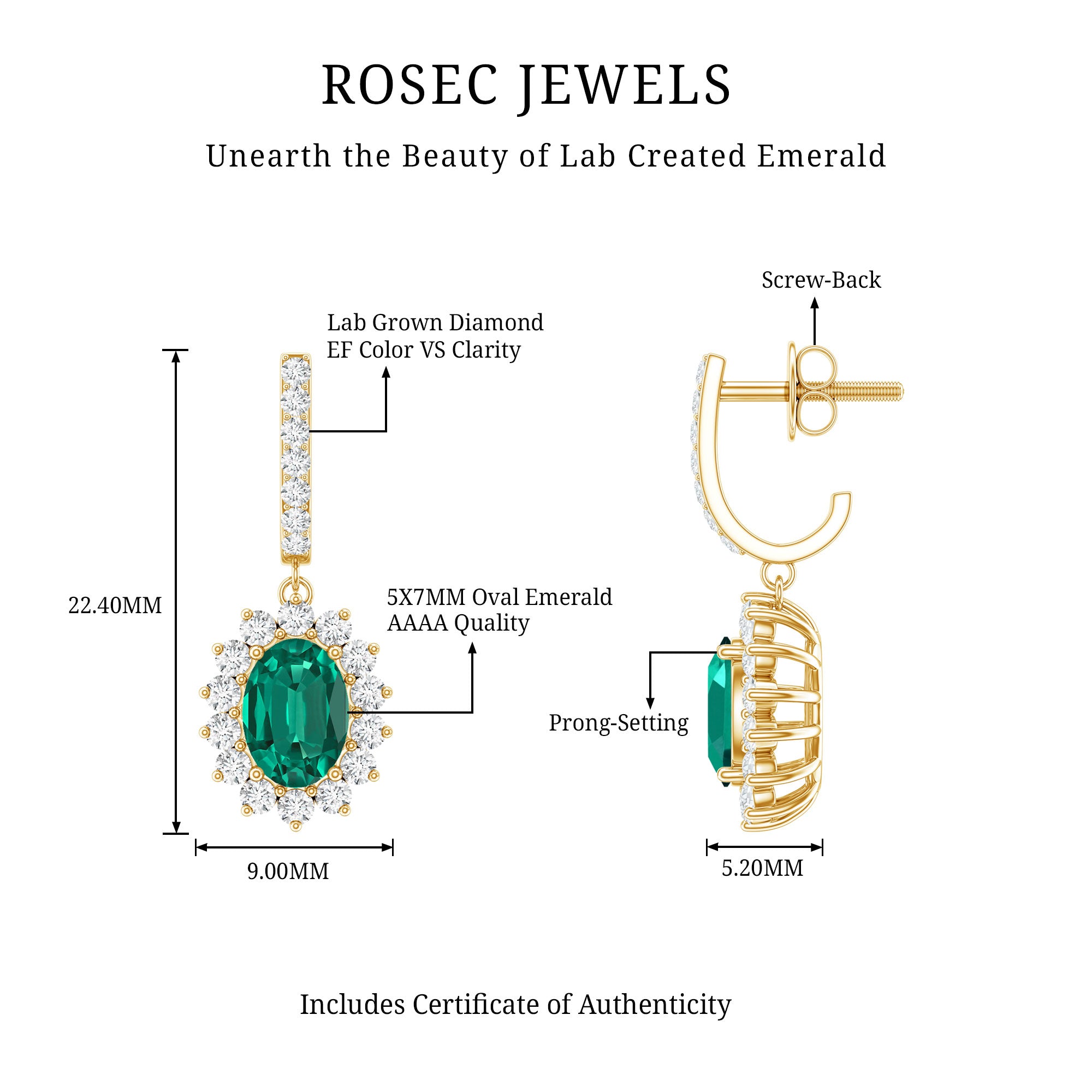 1.7 Carat Oval Shape Lab Grown Emerald Drop Earrings with Diamond AAAA - Rosec Jewels