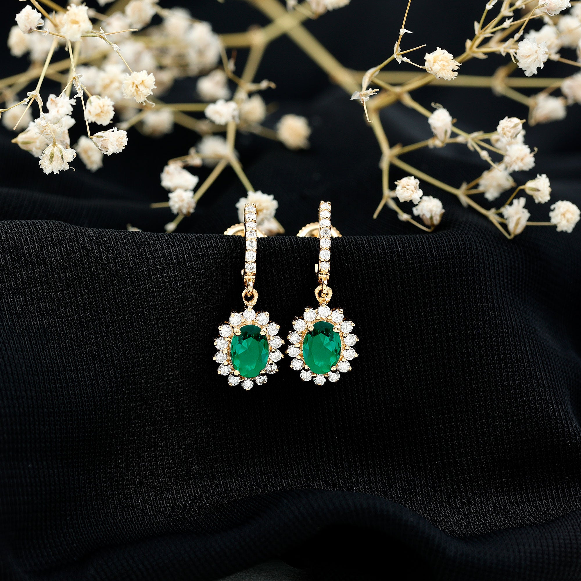 1.7 Carat Oval Shape Lab Grown Emerald Drop Earrings with Diamond AAAA - Rosec Jewels