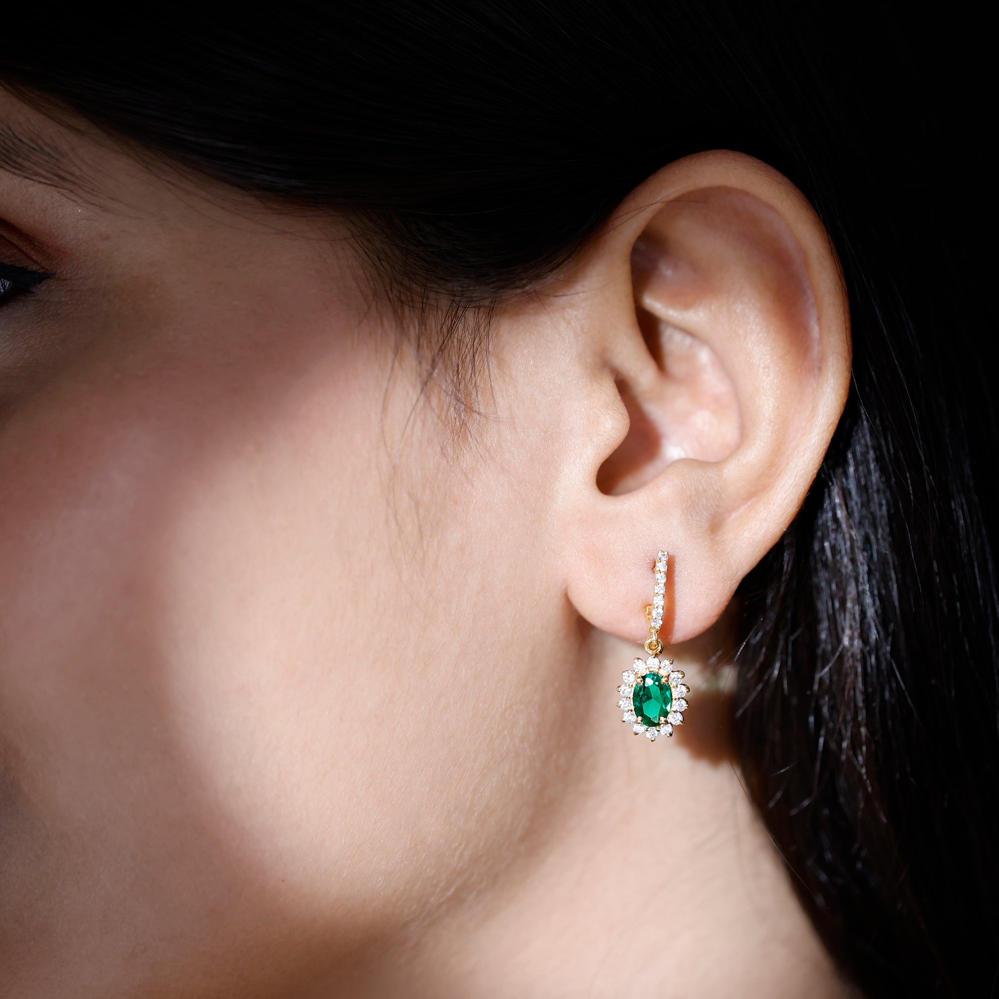 1.7 Carat Oval Shape Lab Grown Emerald Drop Earrings with Diamond AAAA - Rosec Jewels