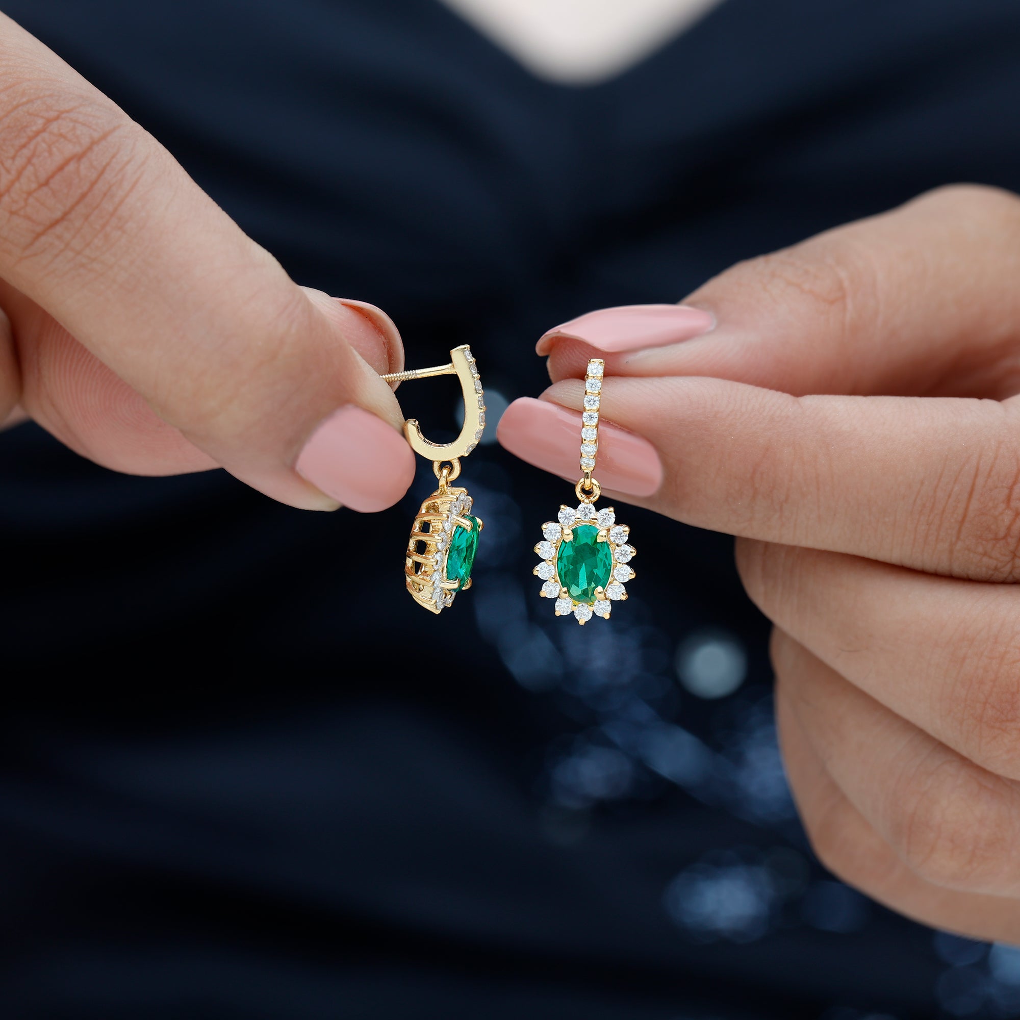 1.7 Carat Oval Shape Lab Grown Emerald Drop Earrings with Diamond AAAA - Rosec Jewels