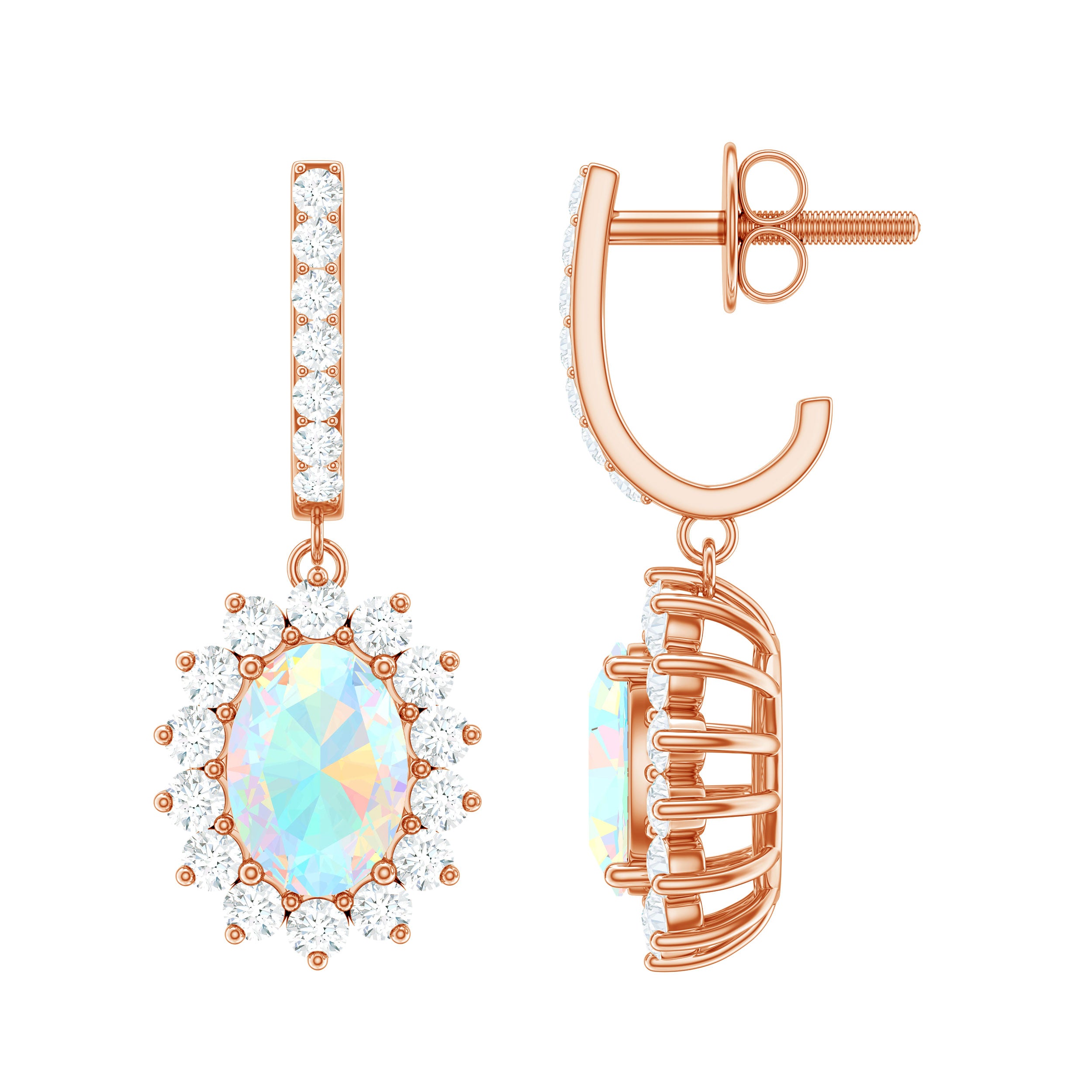 Genuine Ethiopian Opal and Moissanite Hoop Drop Earrings AAA - Rosec Jewels