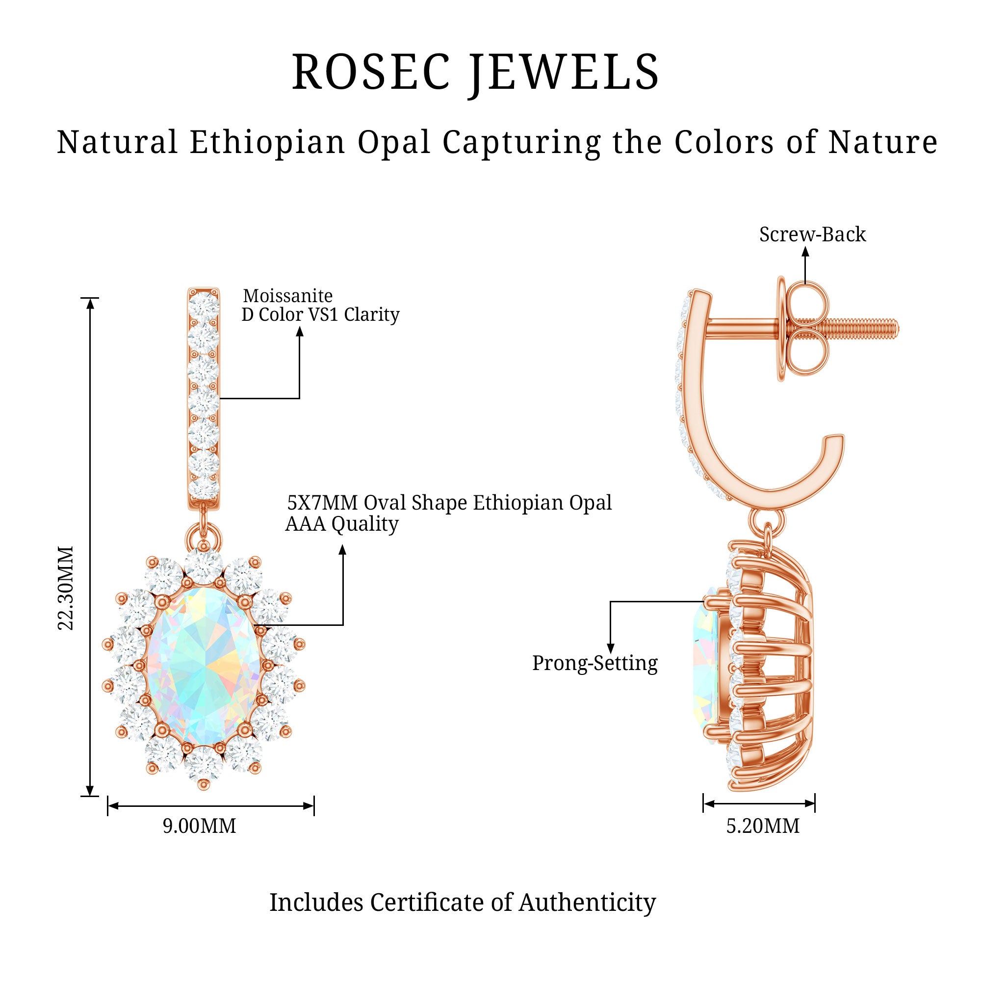 Genuine Ethiopian Opal and Moissanite Hoop Drop Earrings AAA - Rosec Jewels