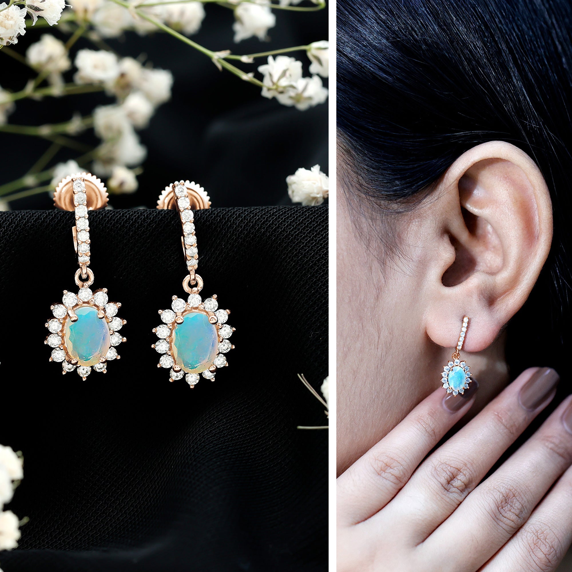 Genuine Ethiopian Opal and Moissanite Hoop Drop Earrings AAA - Rosec Jewels