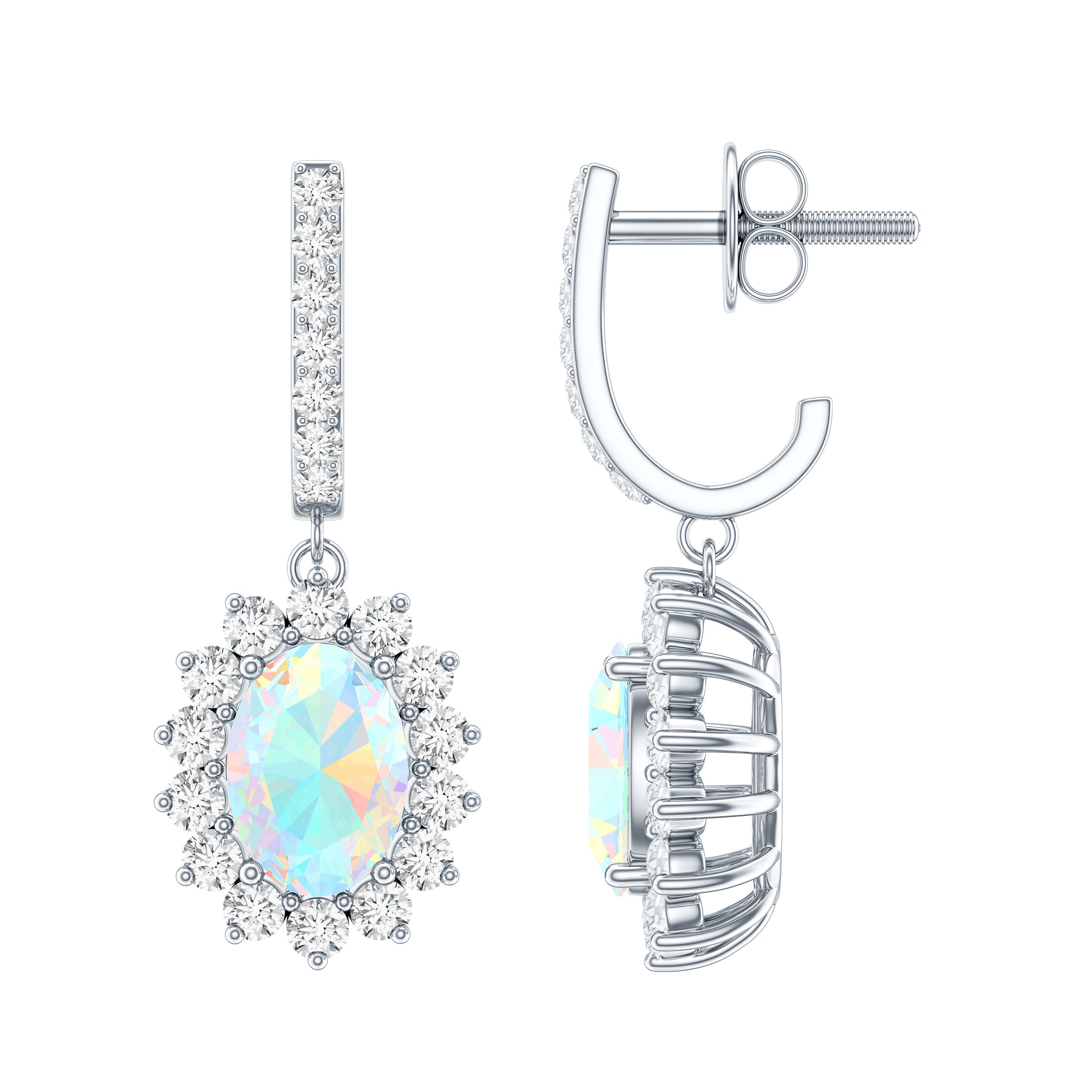 Genuine Ethiopian Opal and Moissanite Hoop Drop Earrings AAA - Rosec Jewels