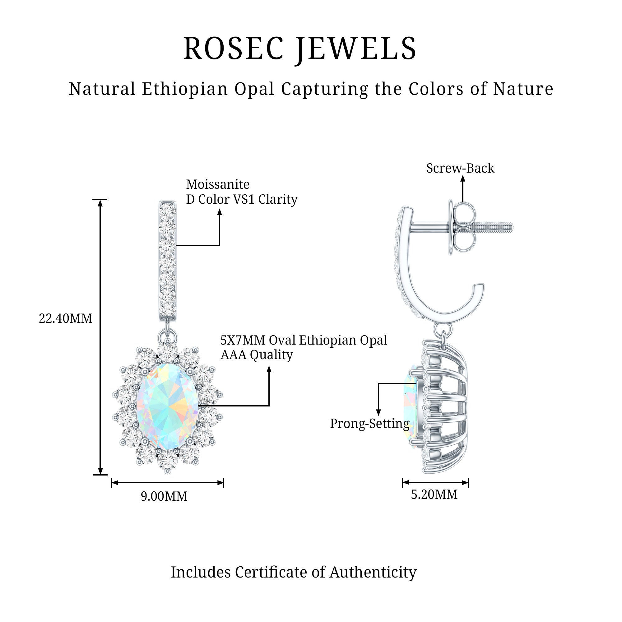 Genuine Ethiopian Opal and Moissanite Hoop Drop Earrings AAA - Rosec Jewels