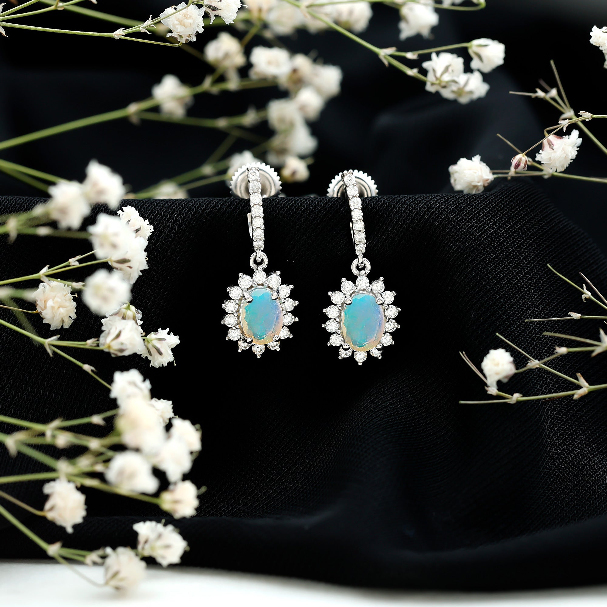 Genuine Ethiopian Opal and Moissanite Hoop Drop Earrings AAA - Rosec Jewels