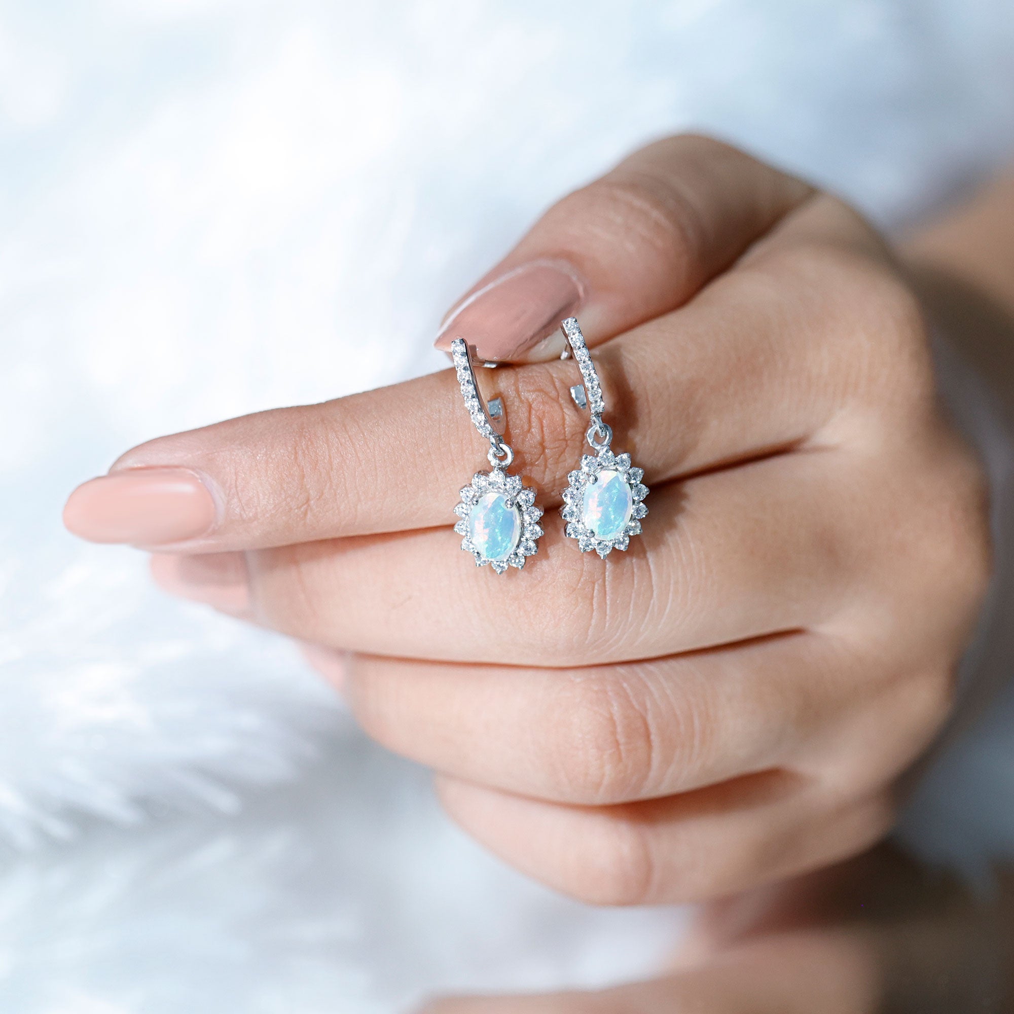 Genuine Ethiopian Opal and Moissanite Hoop Drop Earrings AAA - Rosec Jewels