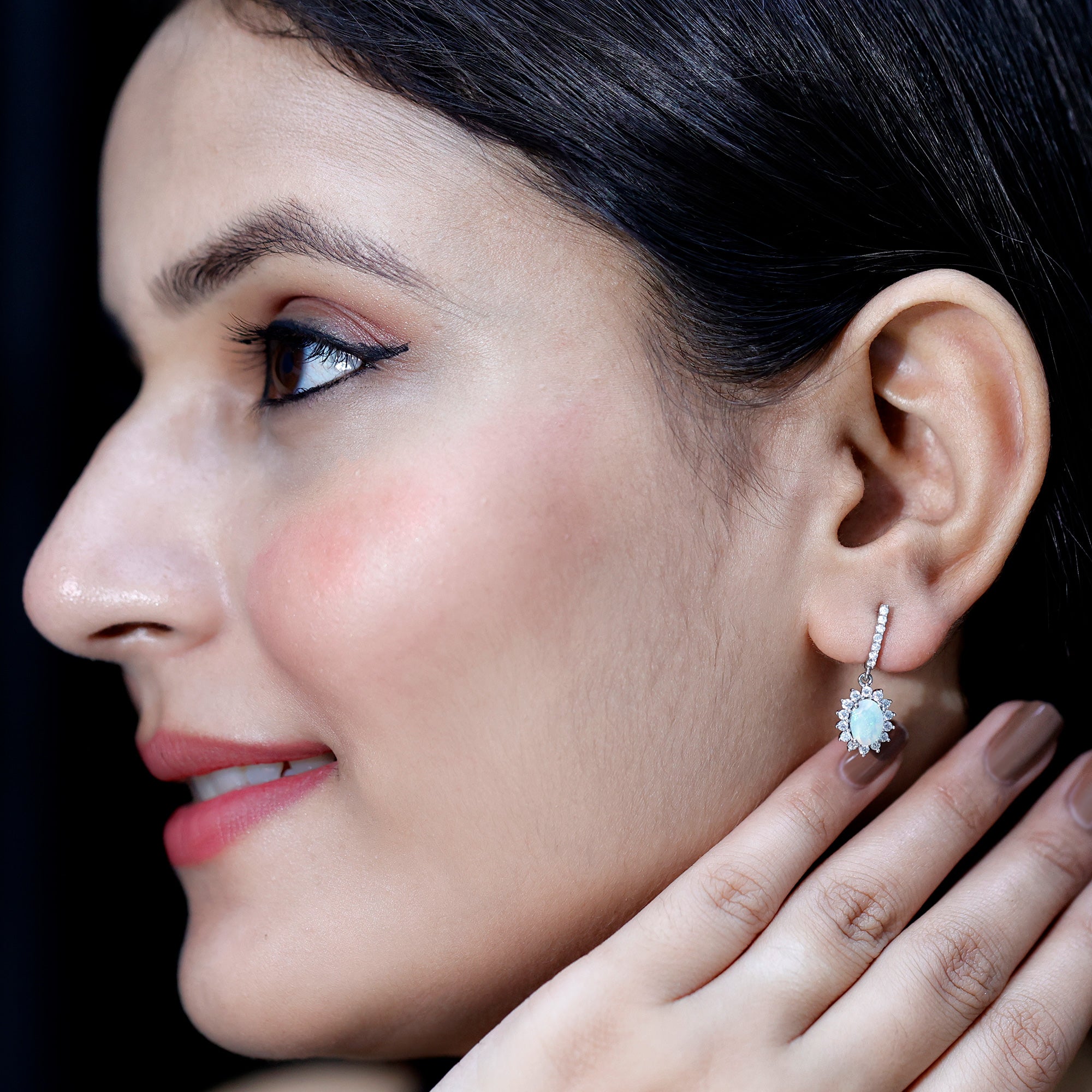 Genuine Ethiopian Opal and Moissanite Hoop Drop Earrings AAA - Rosec Jewels