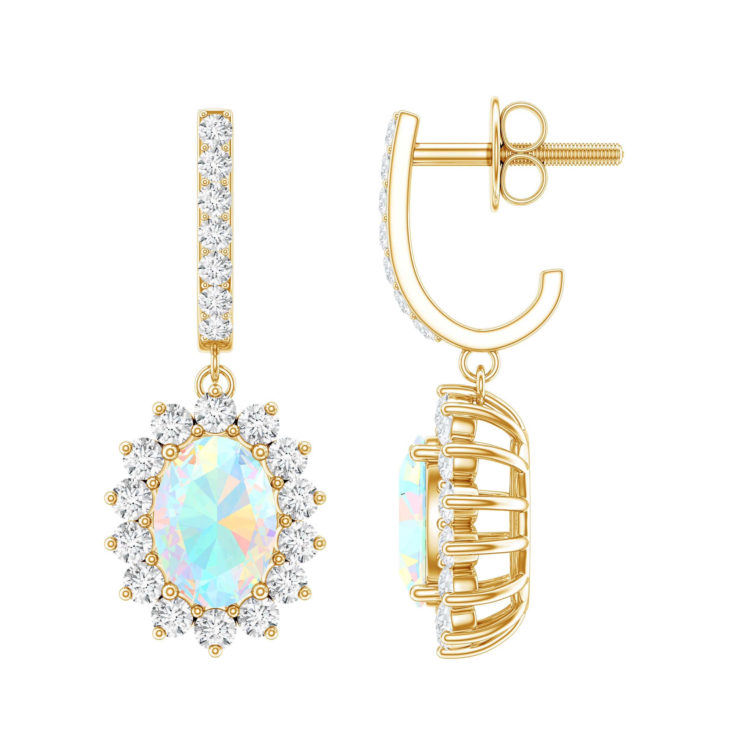 Genuine Ethiopian Opal and Moissanite Hoop Drop Earrings AAA - Rosec Jewels