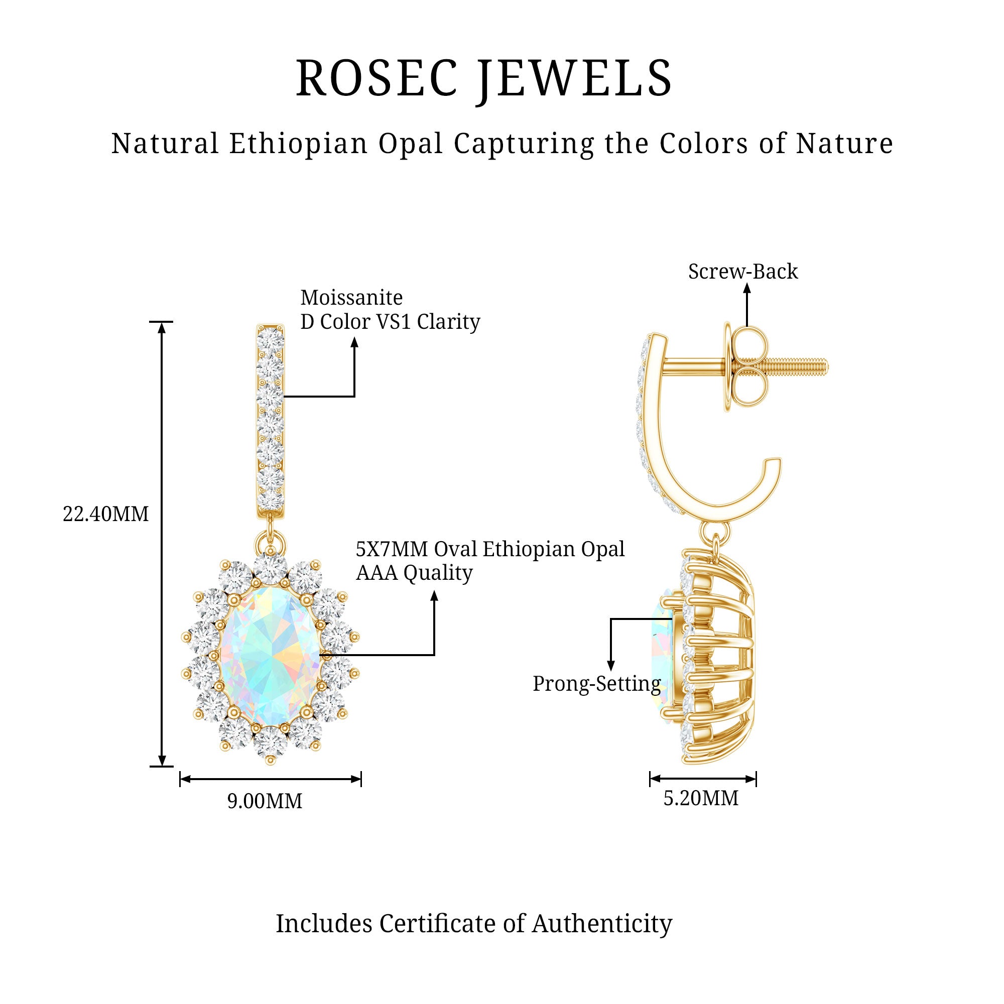 Genuine Ethiopian Opal and Moissanite Hoop Drop Earrings AAA - Rosec Jewels