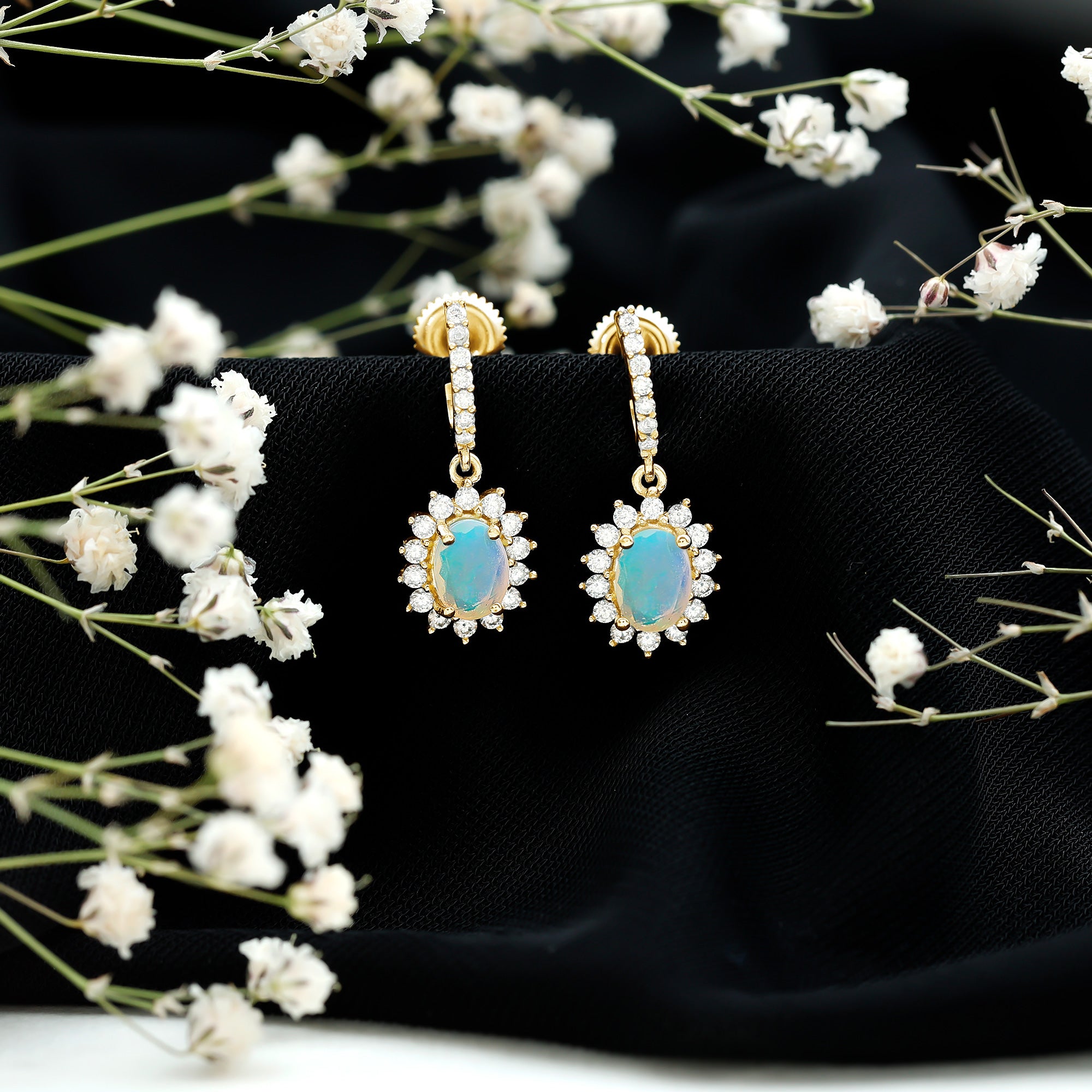 Genuine Ethiopian Opal and Moissanite Hoop Drop Earrings AAA - Rosec Jewels