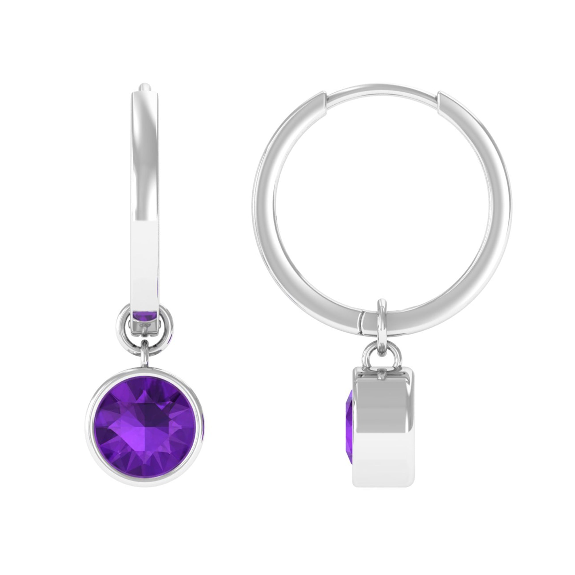 Certified Natural Amethyst Hoop Drop Earrings in Bezel Setting