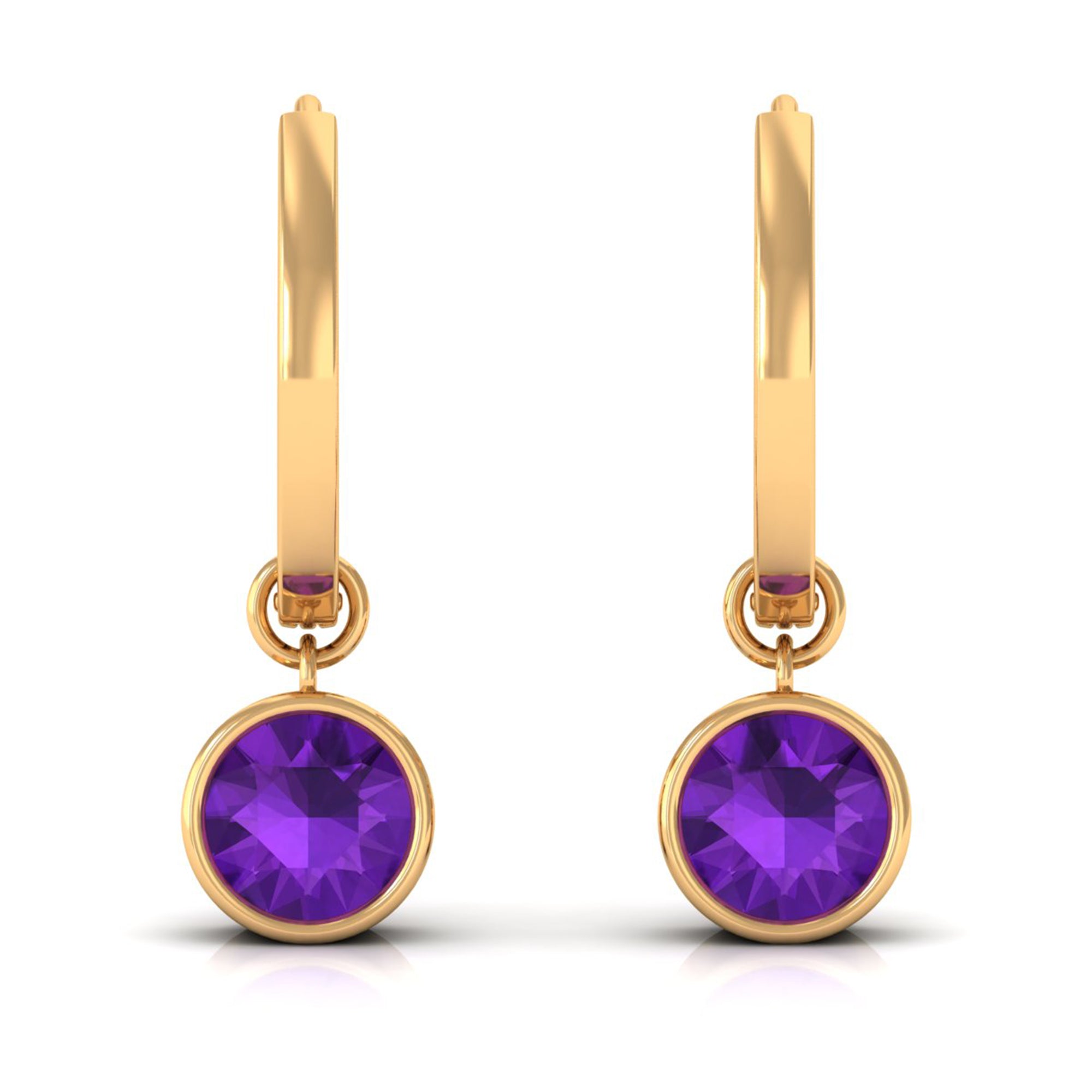 Natural Amethyst Hoop Drop Earrings in Bezel Setting Amethyst - ( AAA ) - Quality - Rosec Jewels