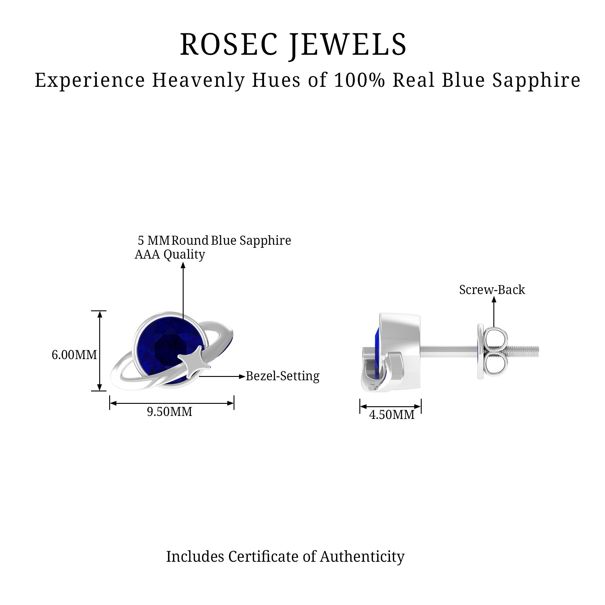 2 CT Solitaire Blue Sapphire Celestial Stud Earrings in Bezel Setting AAA - Rosec Jewels