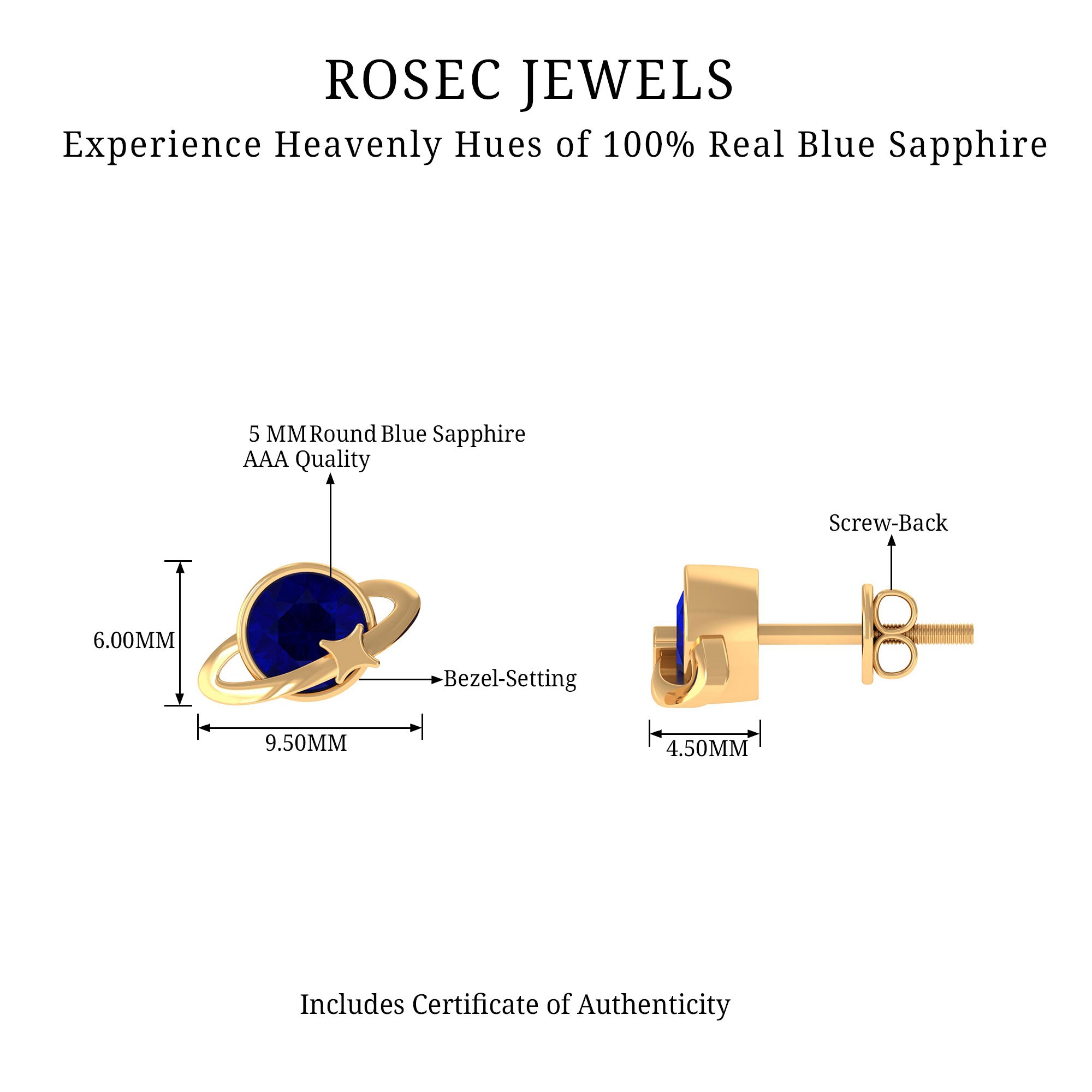 2 CT Solitaire Blue Sapphire Celestial Stud Earrings in Bezel Setting AAA - Rosec Jewels