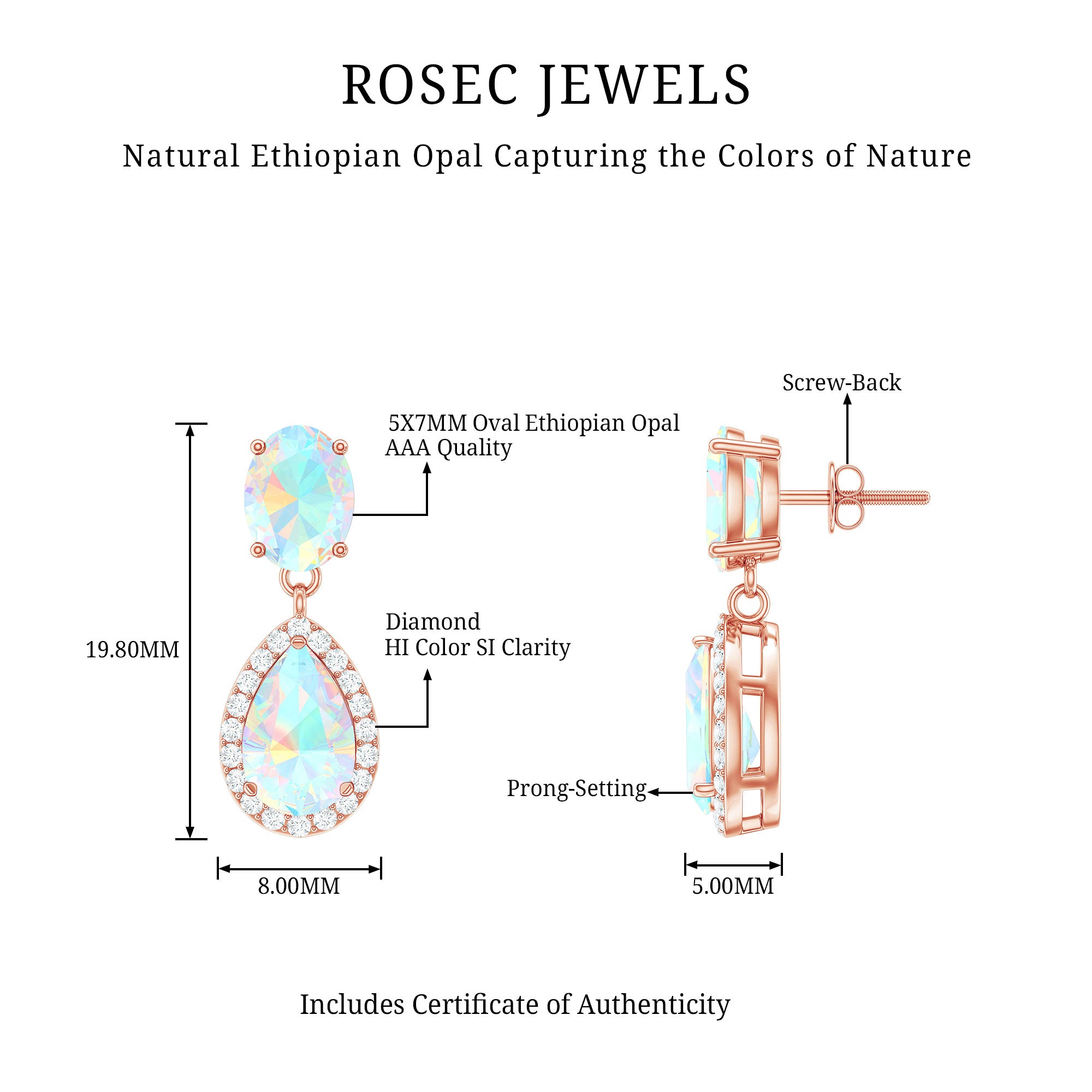 Genuine 3 Carat Ethiopian Opal Drop Dangle Earrings with Diamond Halo AAA - Rosec Jewels