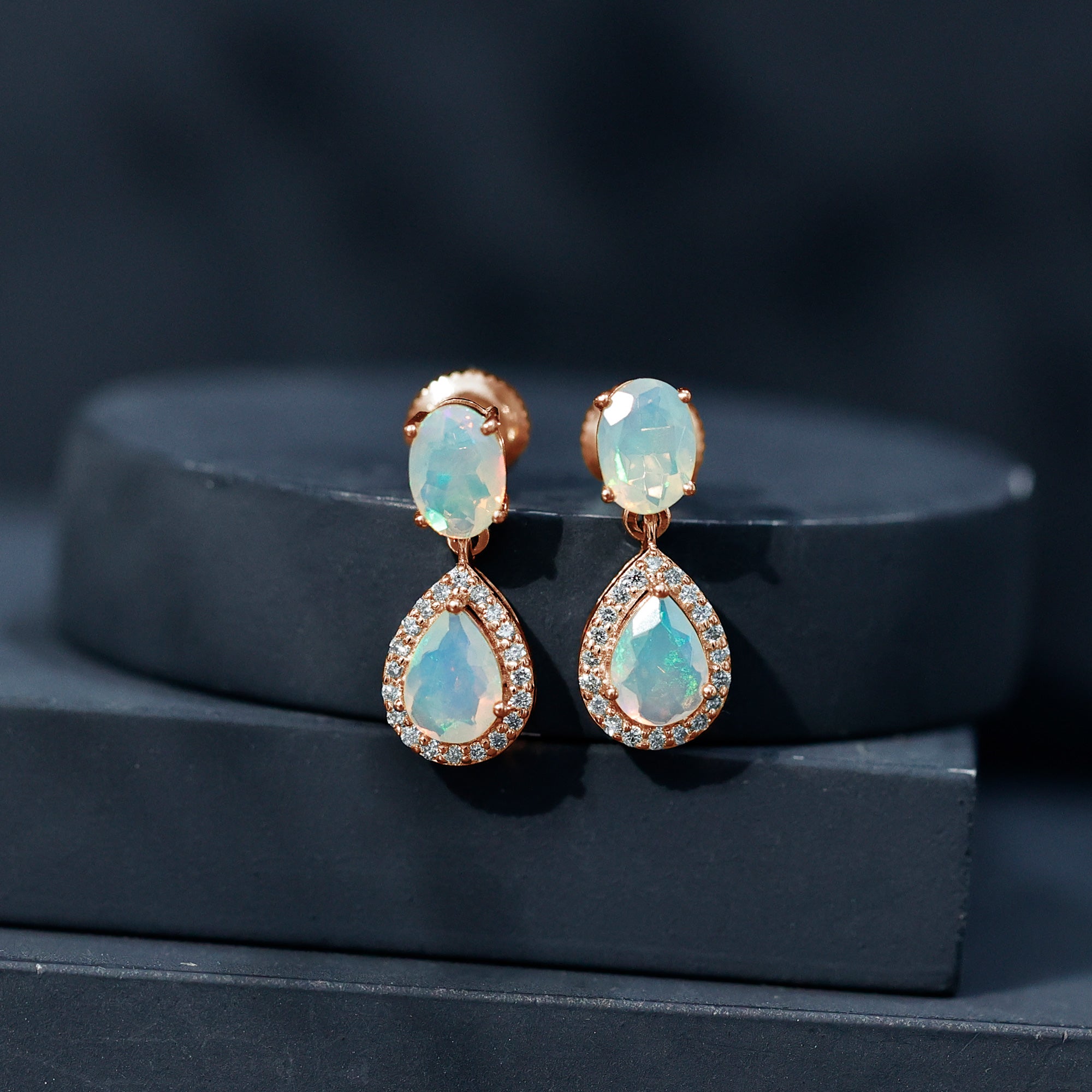 Genuine 3 Carat Ethiopian Opal Drop Dangle Earrings with Diamond Halo AAA - Rosec Jewels