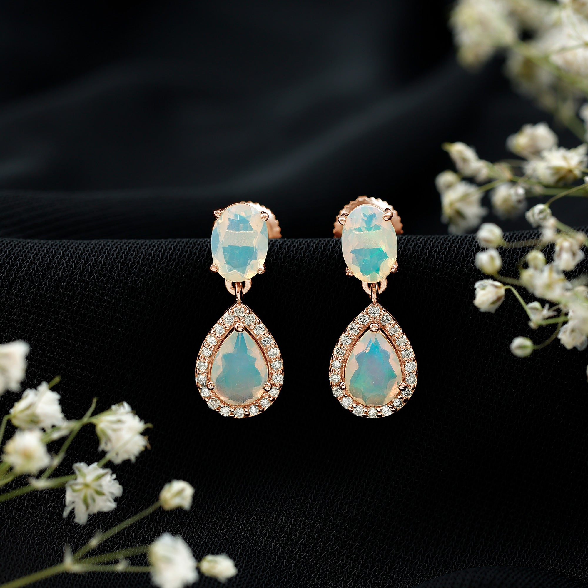 Genuine 3 Carat Ethiopian Opal Drop Dangle Earrings with Diamond Halo AAA - Rosec Jewels