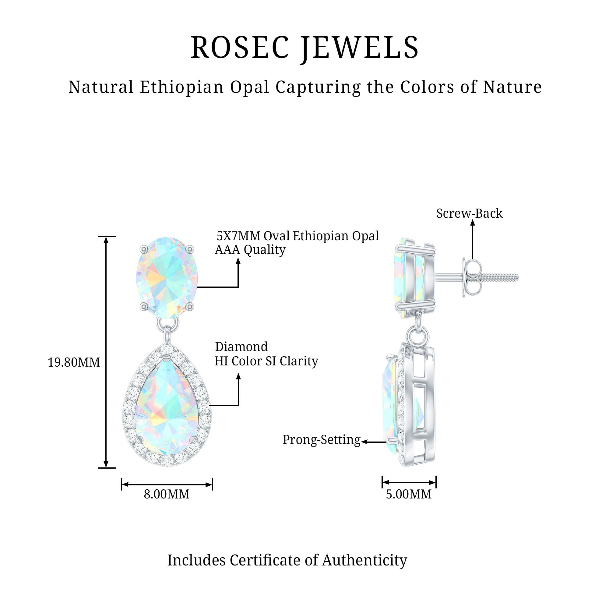 Genuine 3 Carat Ethiopian Opal Drop Dangle Earrings with Diamond Halo AAA - Rosec Jewels