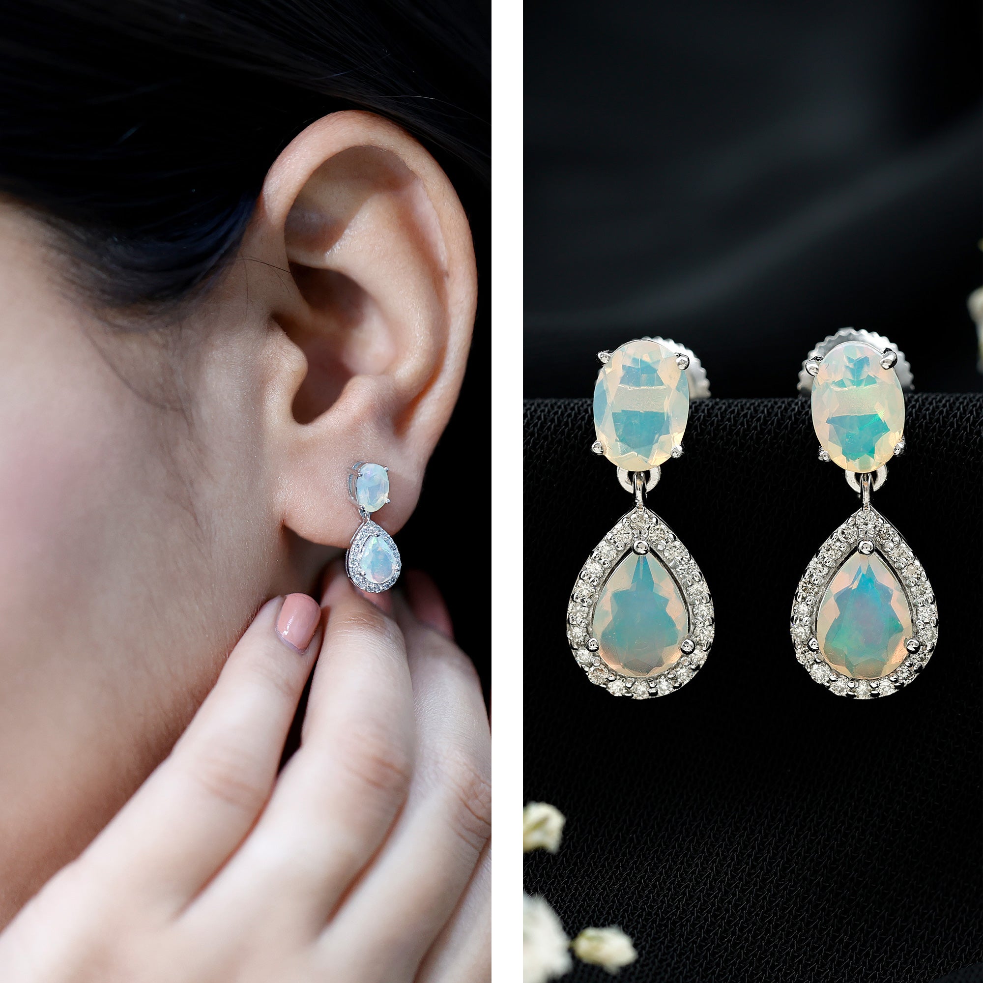Genuine 3 Carat Ethiopian Opal Drop Dangle Earrings with Diamond Halo AAA - Rosec Jewels