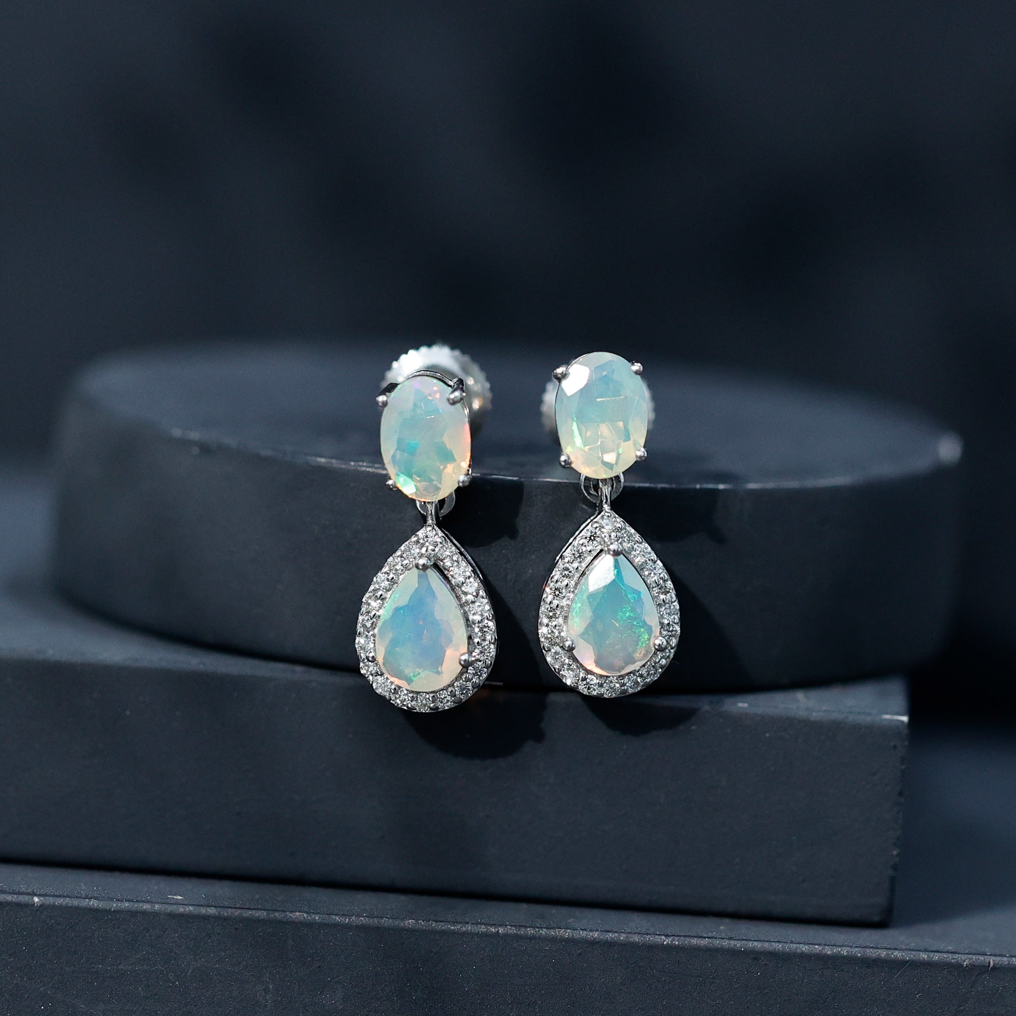 Genuine 3 Carat Ethiopian Opal Drop Dangle Earrings with Diamond Halo AAA - Rosec Jewels