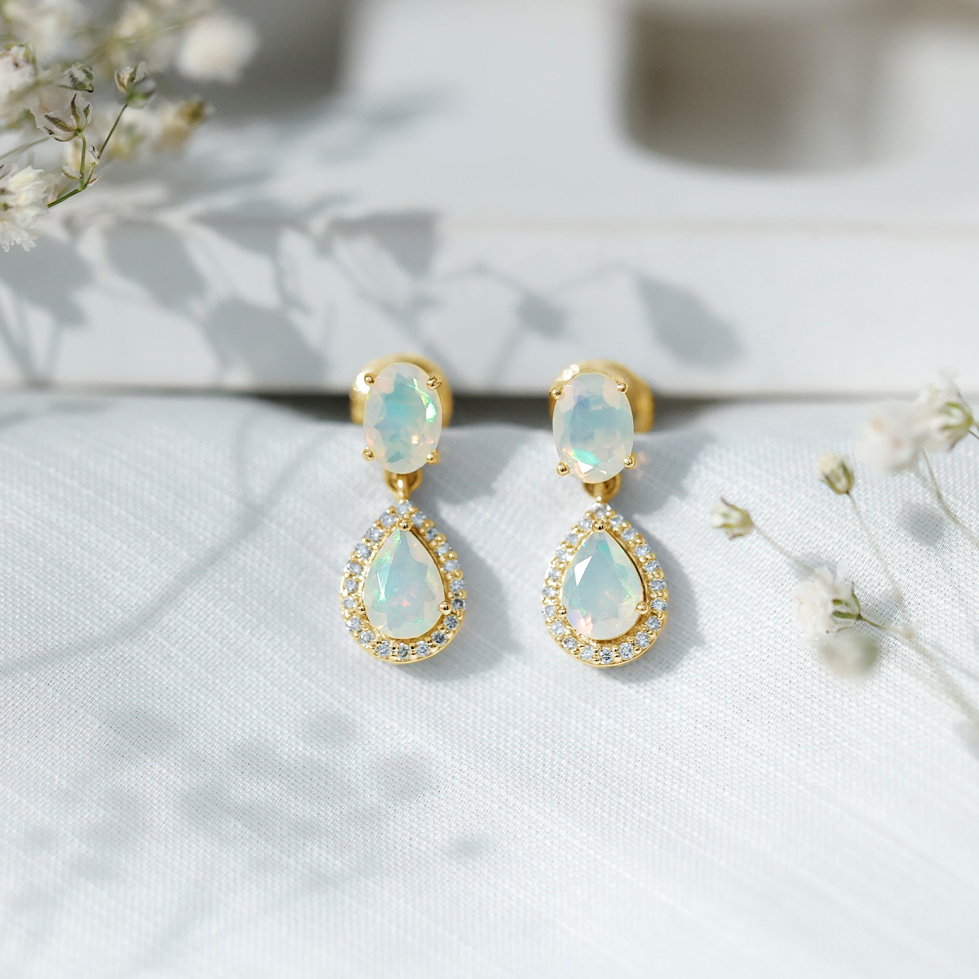 Genuine 3 Carat Ethiopian Opal Drop Dangle Earrings with Diamond Halo AAA - Rosec Jewels