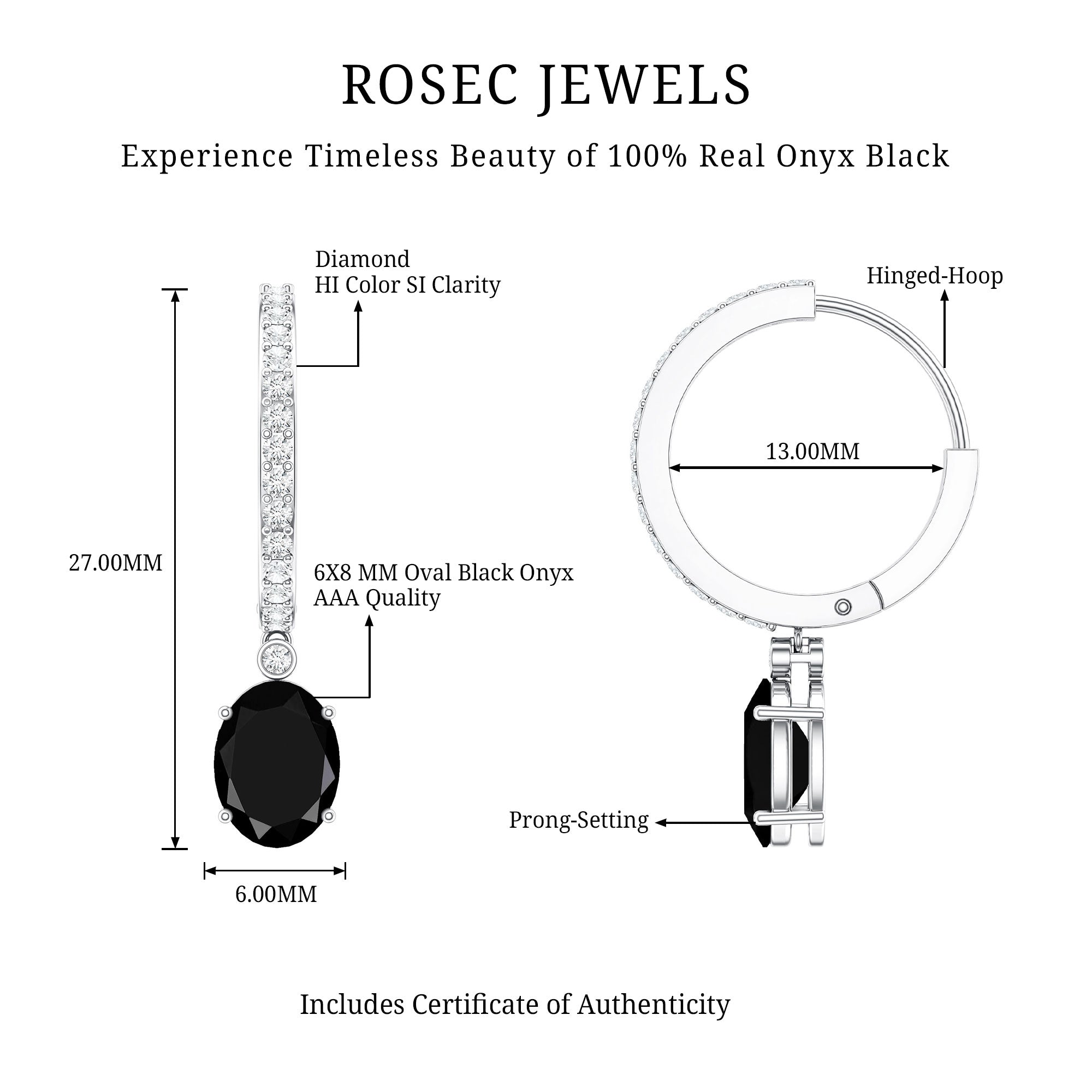 Natural 2.2 Carat Oval Black Onyx Hoop Drop Earrings with Diamond AAA - Rosec Jewels