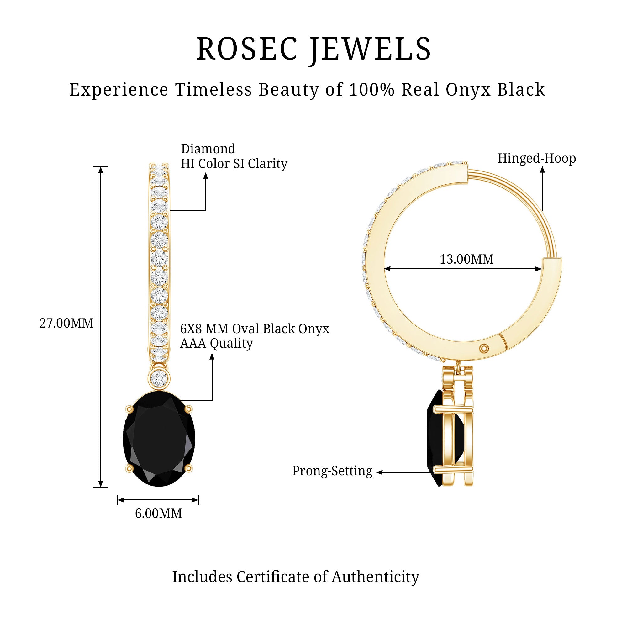 Natural 2.2 Carat Oval Black Onyx Hoop Drop Earrings with Diamond AAA - Rosec Jewels