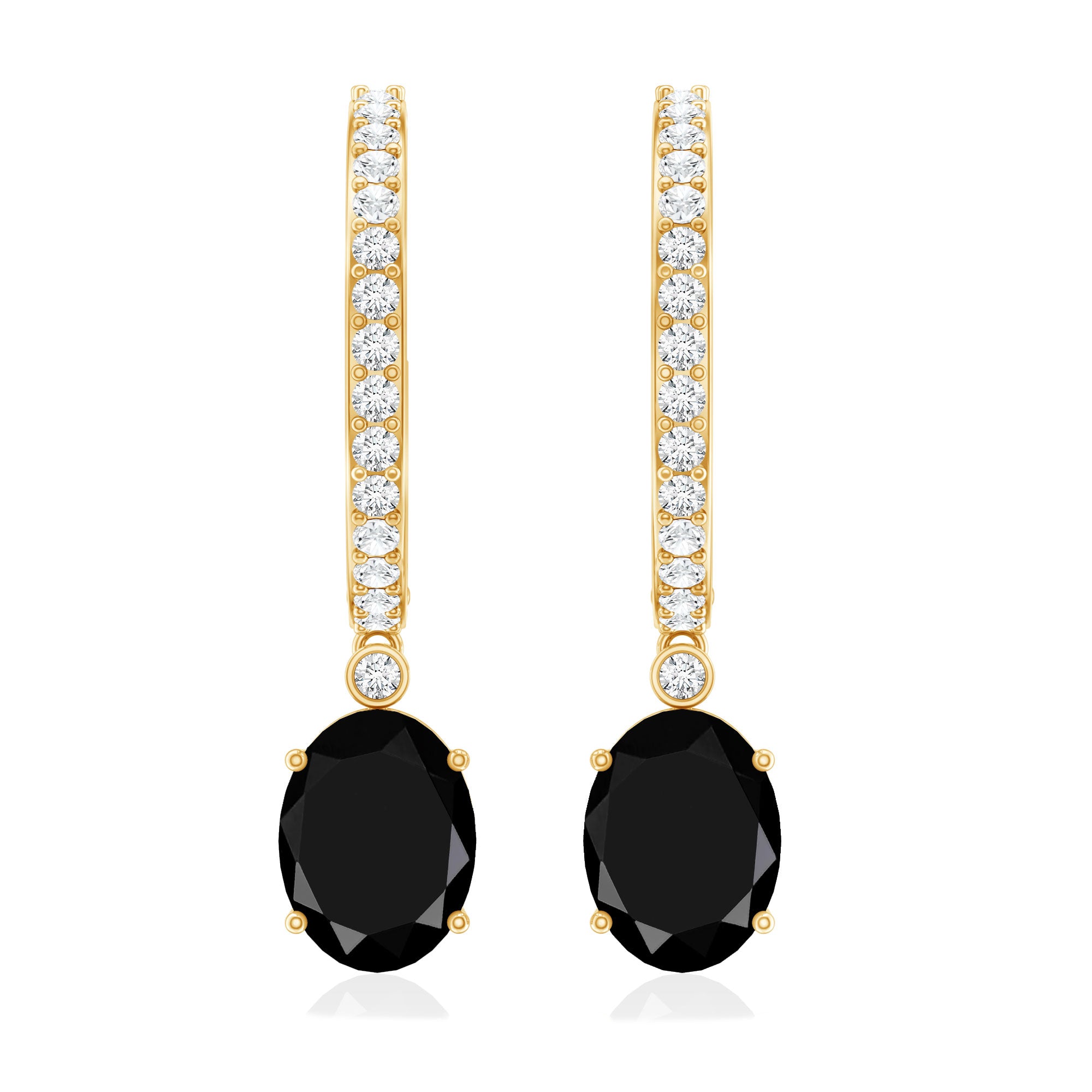 Natural 2.2 Carat Oval Black Onyx Hoop Drop Earrings with Diamond AAA - Rosec Jewels