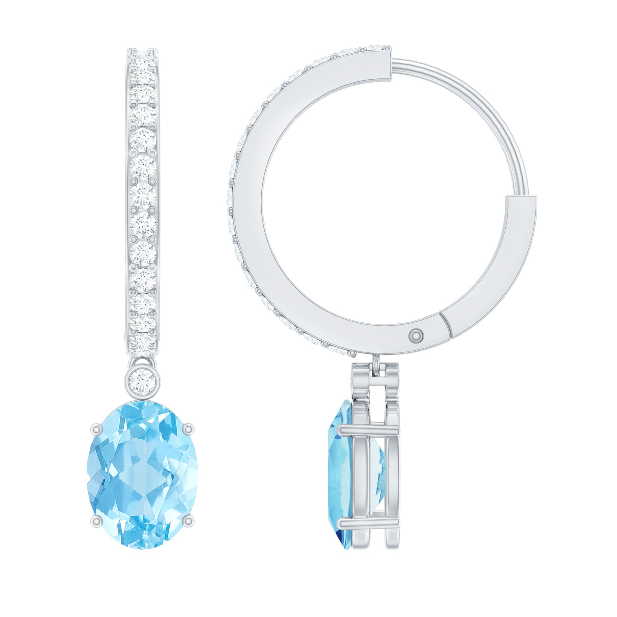 Oval Cut Aquamarine Hoop Drop Earrings with Moissanite