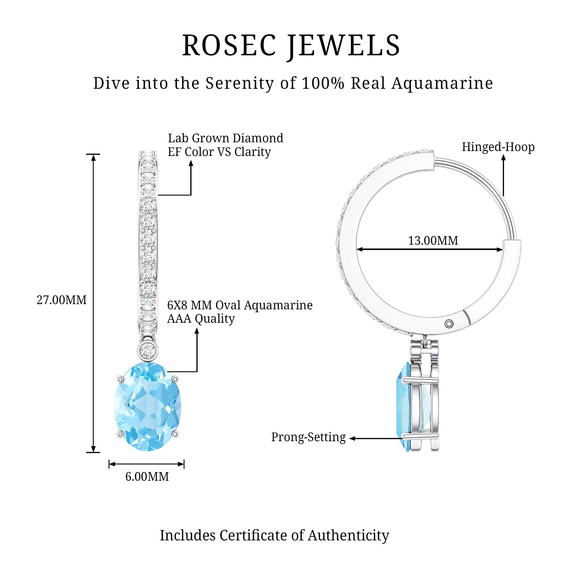 Genuine 2.2 Carat Oval Cut Aquamarine Hoop Drop Earrings with Diamond AAA - Rosec Jewels